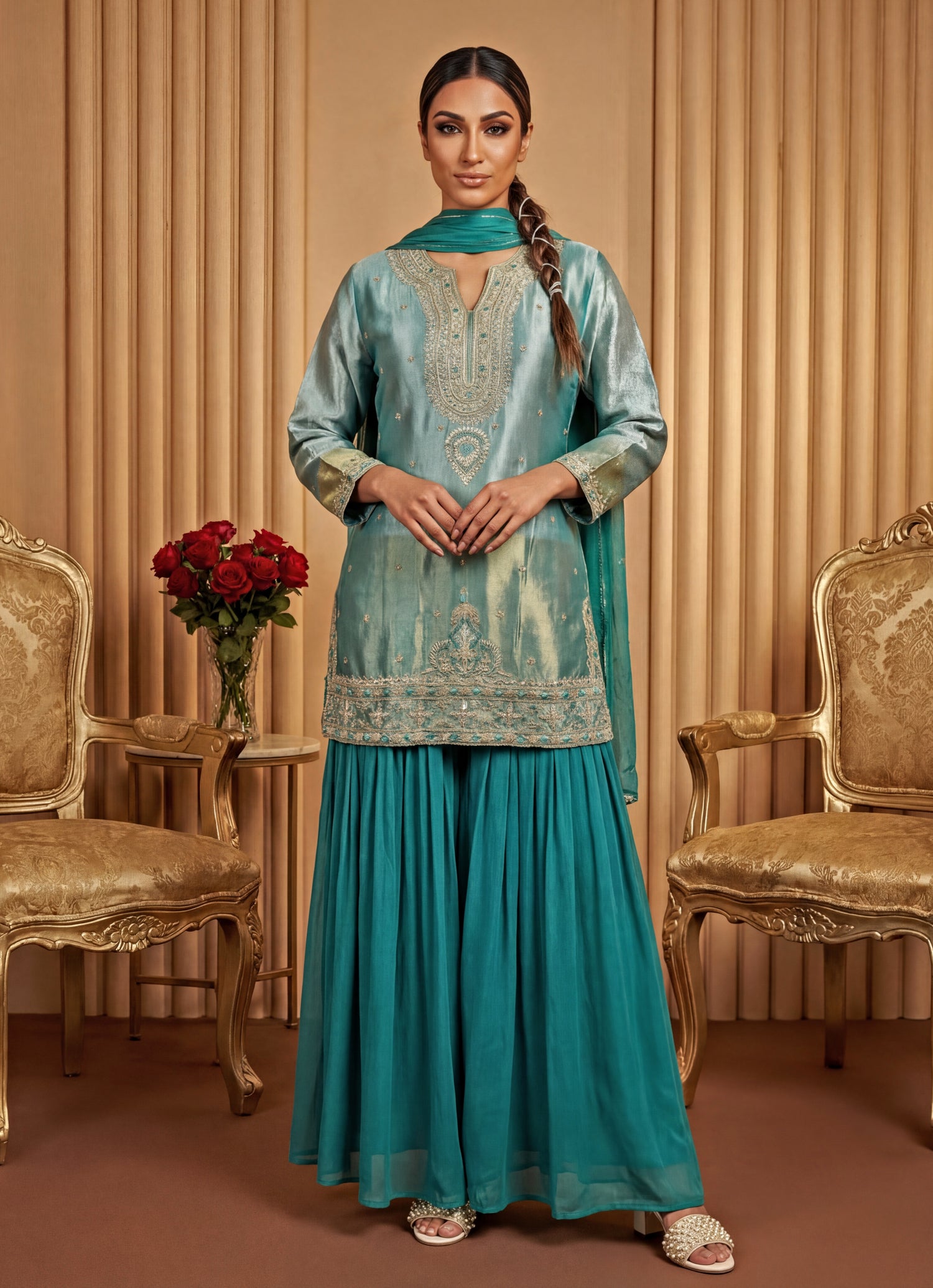 Blue Tissue Kurta Lehenga Set