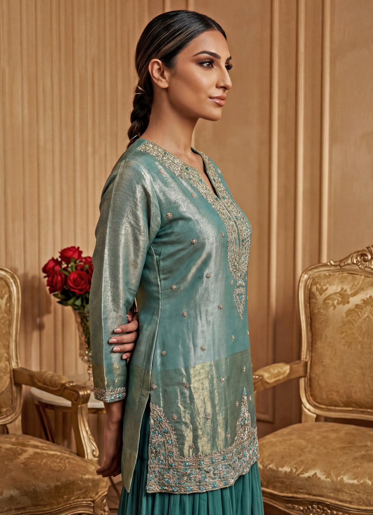 Blue Tissue Kurta Lehenga Set
