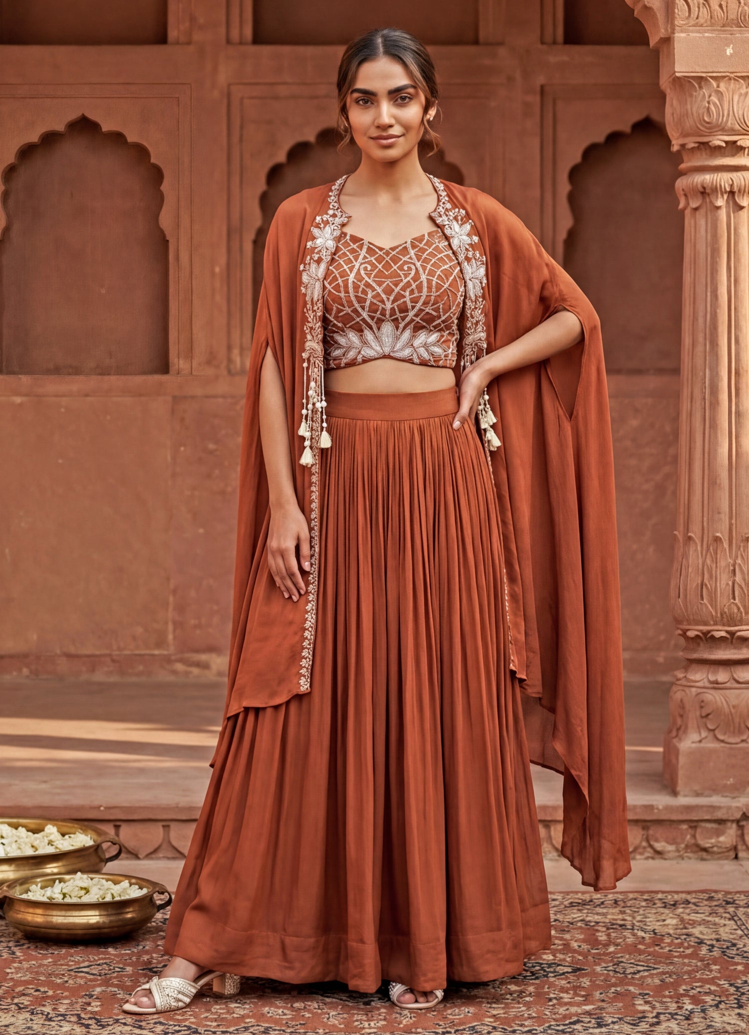 Rust Orange Chinon Lehenga Set With Cape