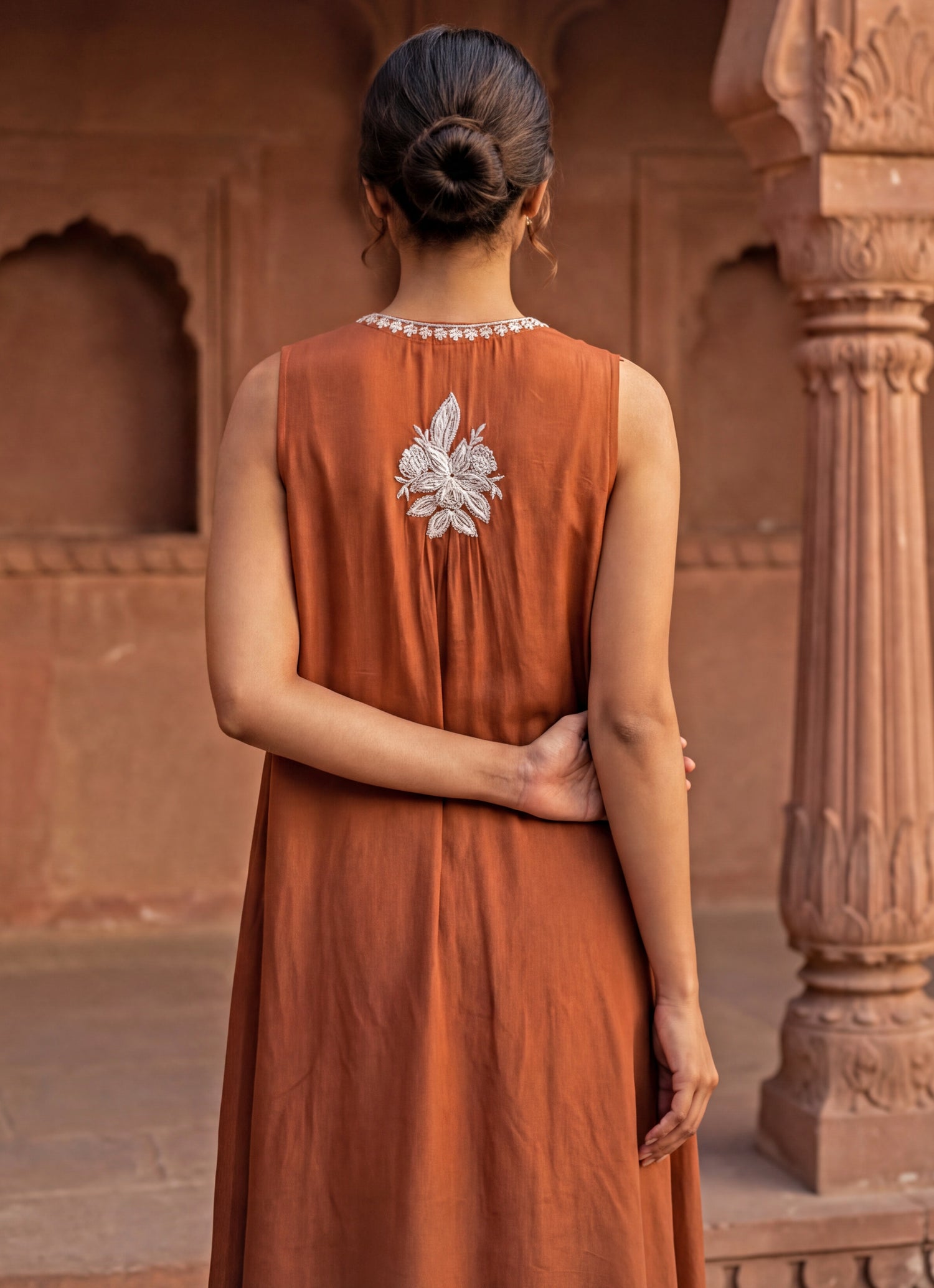 Rust Orange Chinon Lehenga Set With Cape