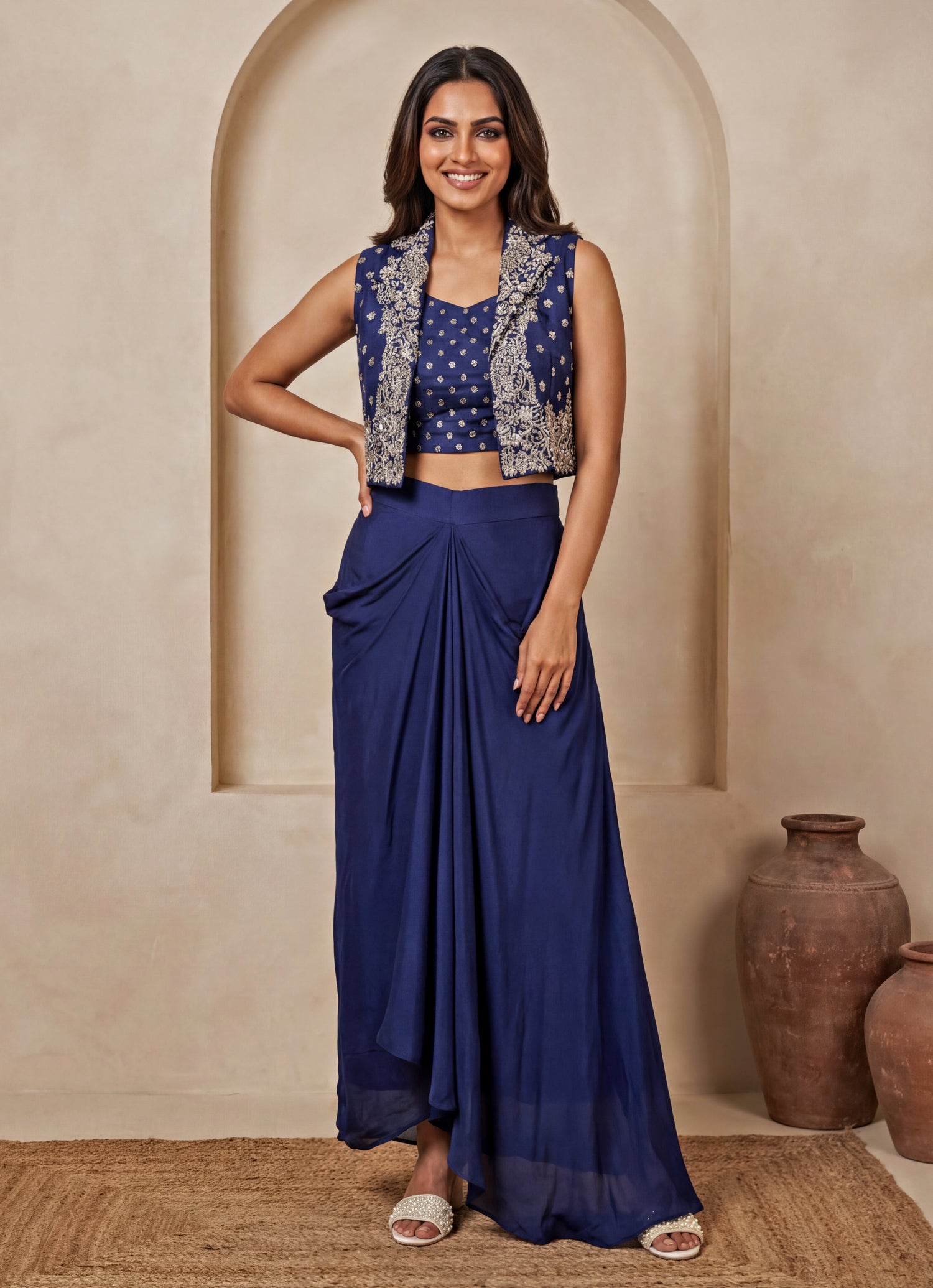 Royal Blue Chinon Drape Skirt Set With Jacket