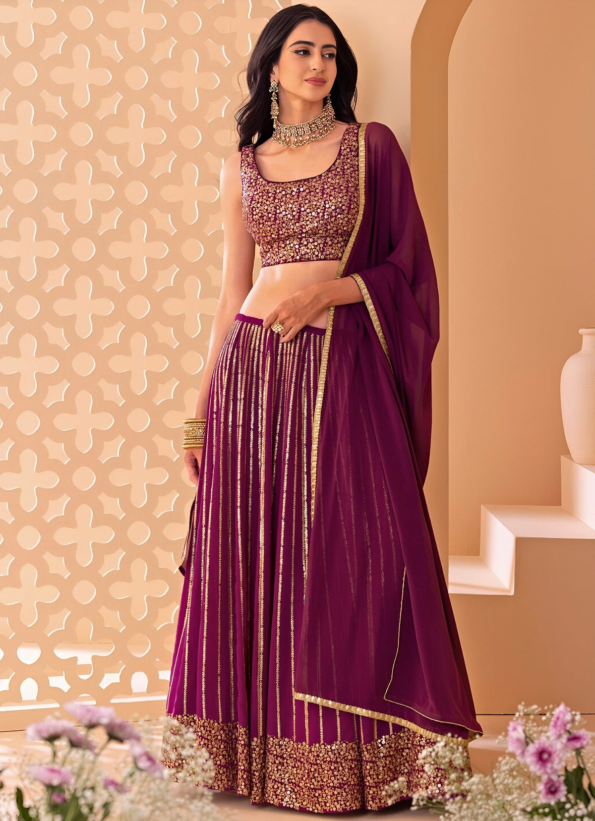 Wine Georgette Lehenga Set