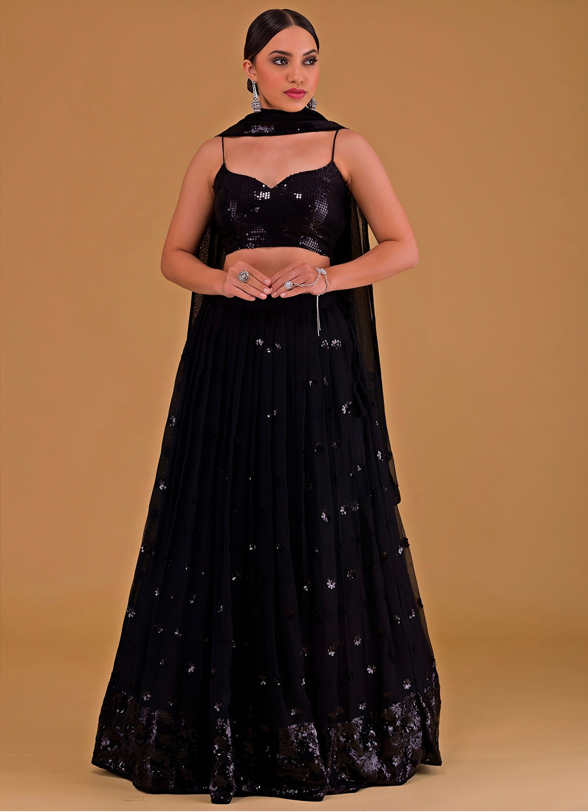 Black Embroidered Georgette Lehenga Set