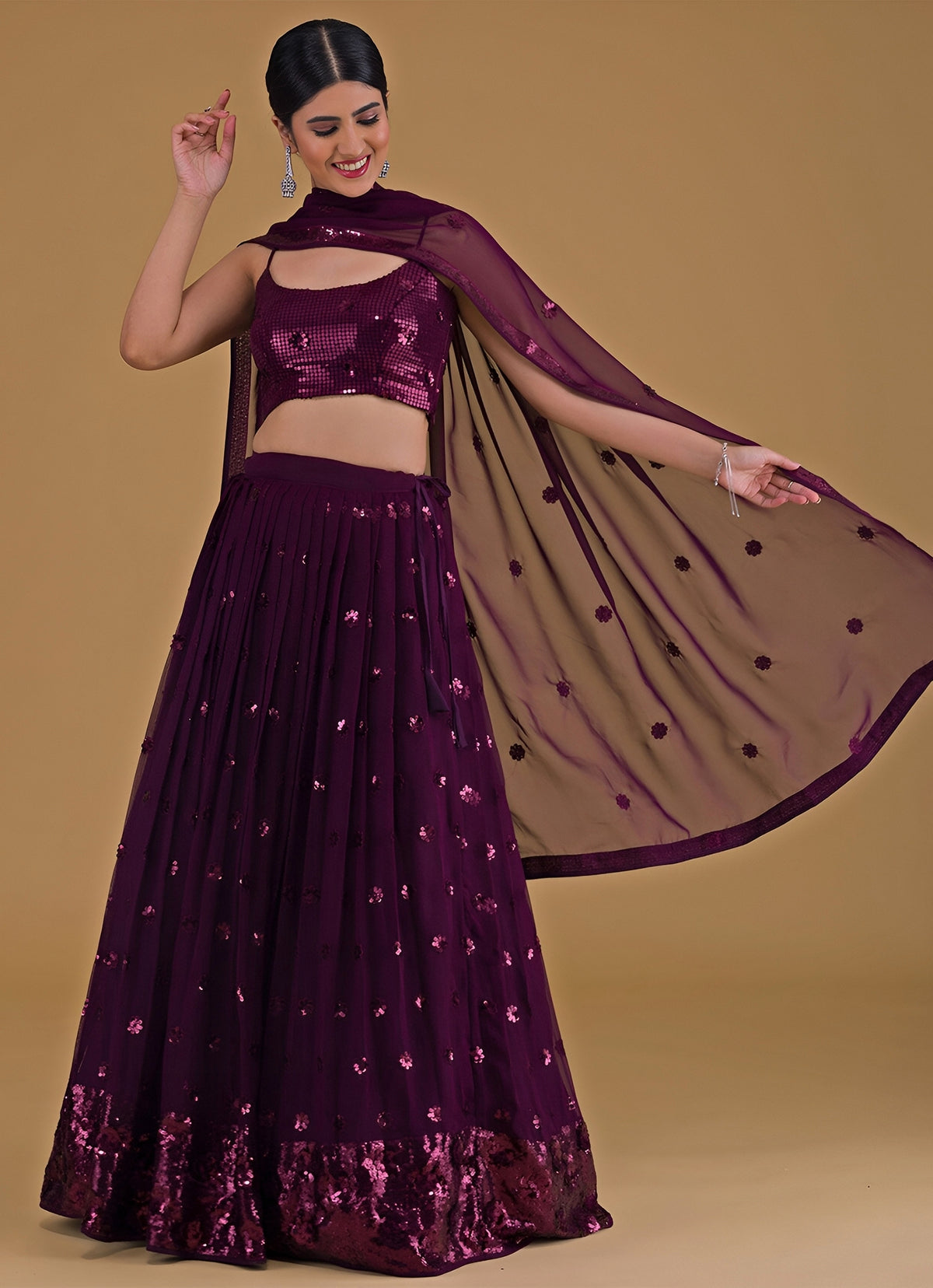 Purple Embroidered Georgette Lehenga Set