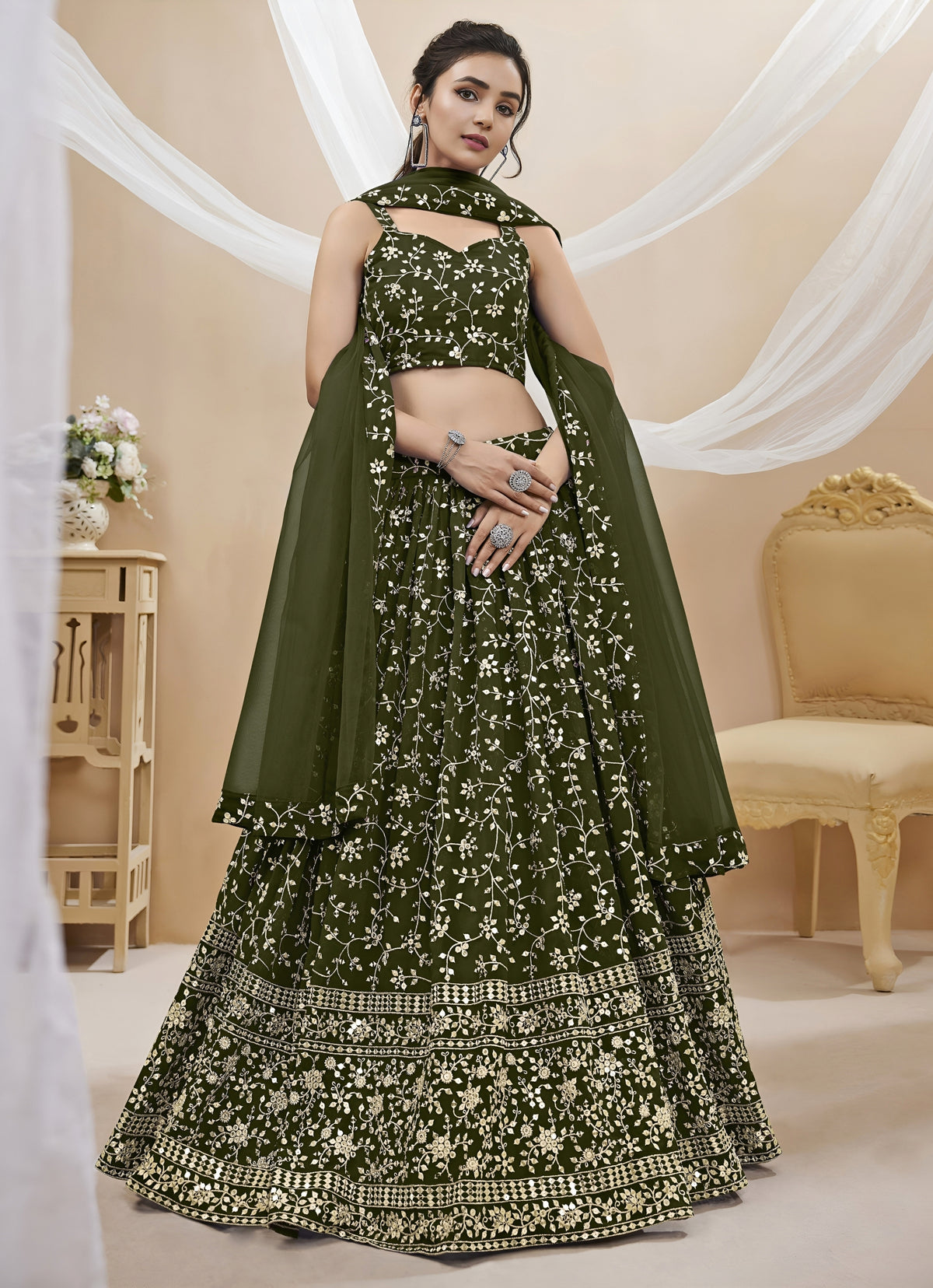 Emerald Green Georgette Lehenga Set