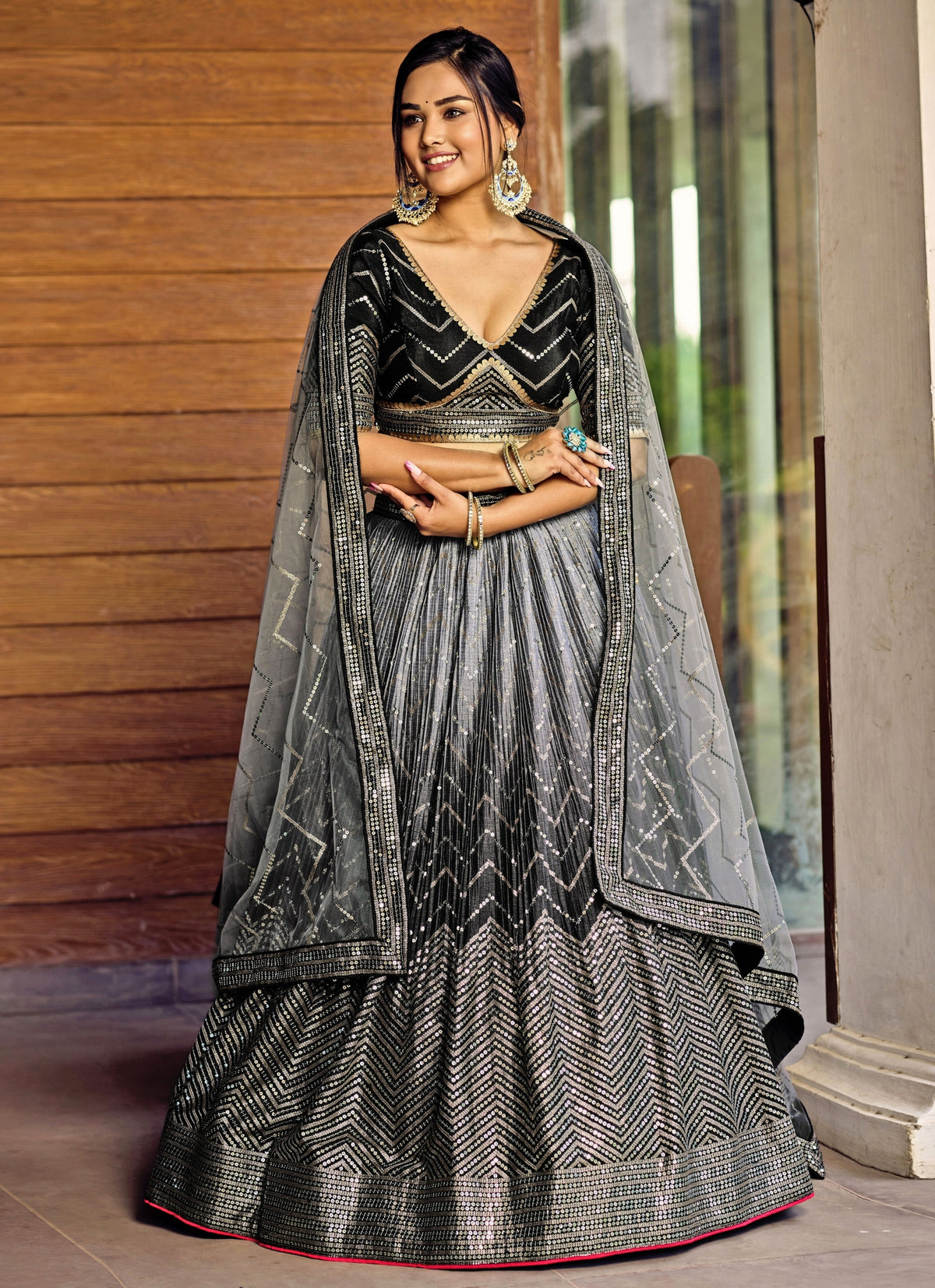 Black Shaded Chinon Lehenga Set