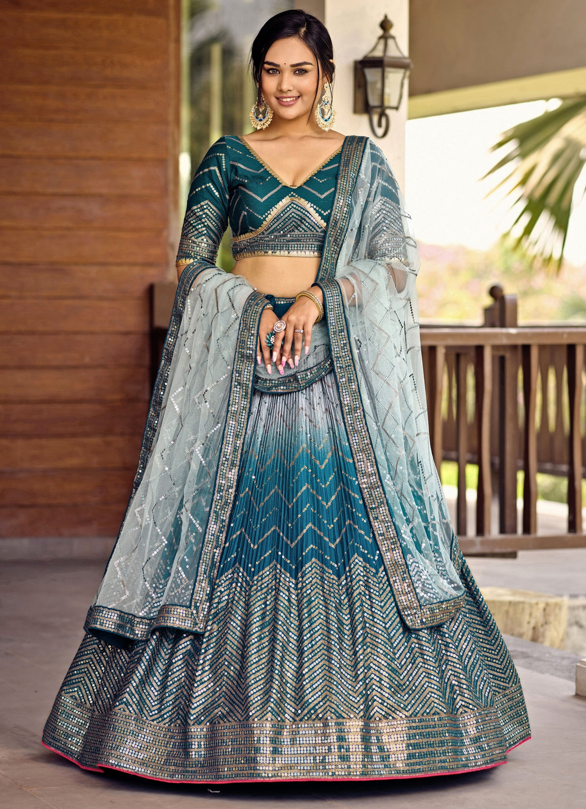 Teal Blue Shaded Chinon Lehenga Set