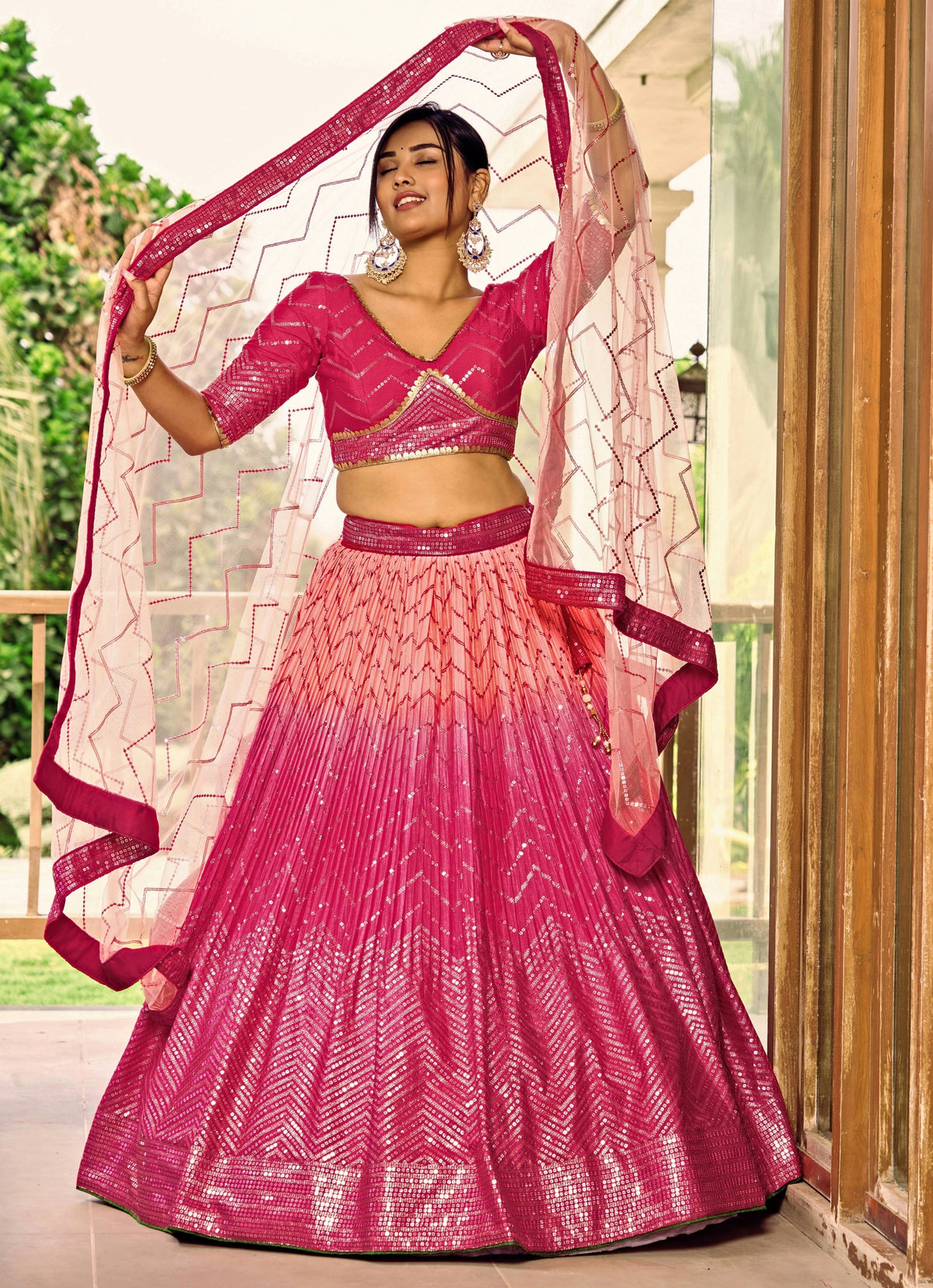 Pink Shaded Chinon Lehenga Set