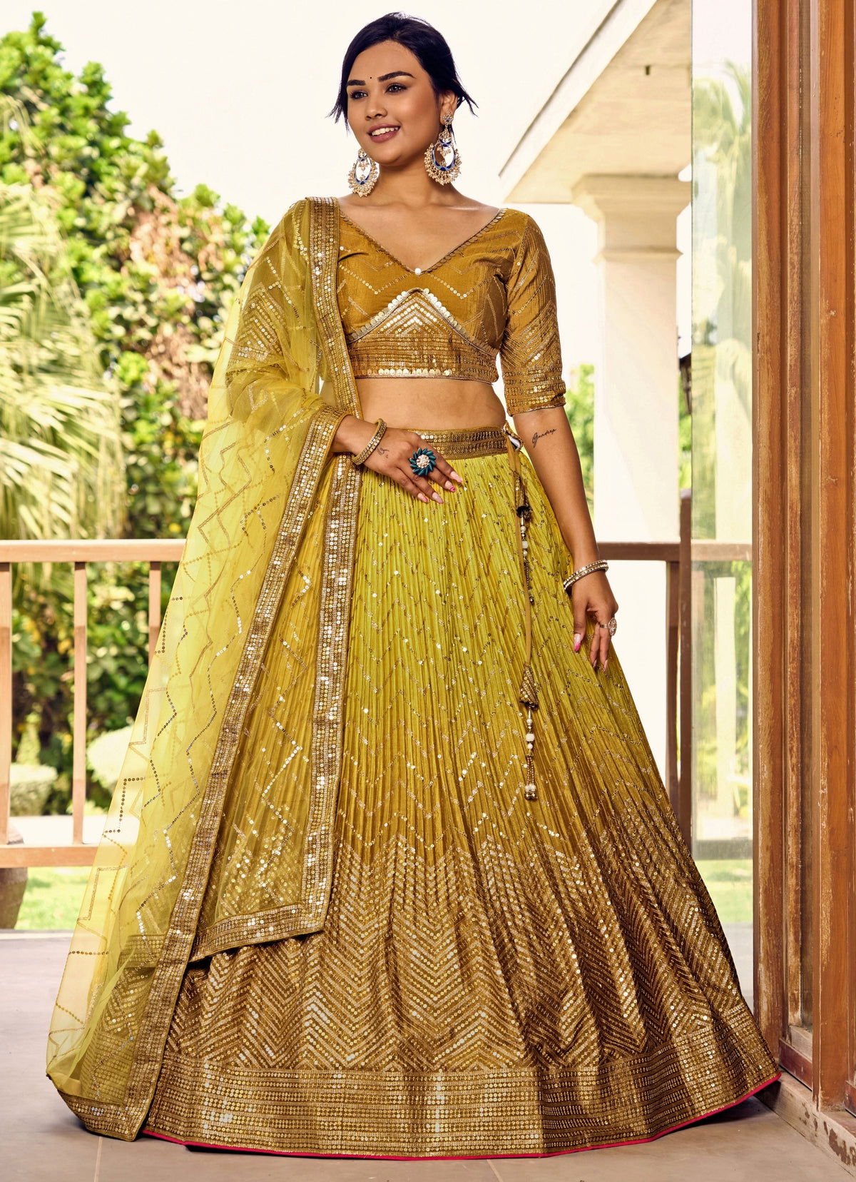 Yellow Shaded Chinon Lehenga Set