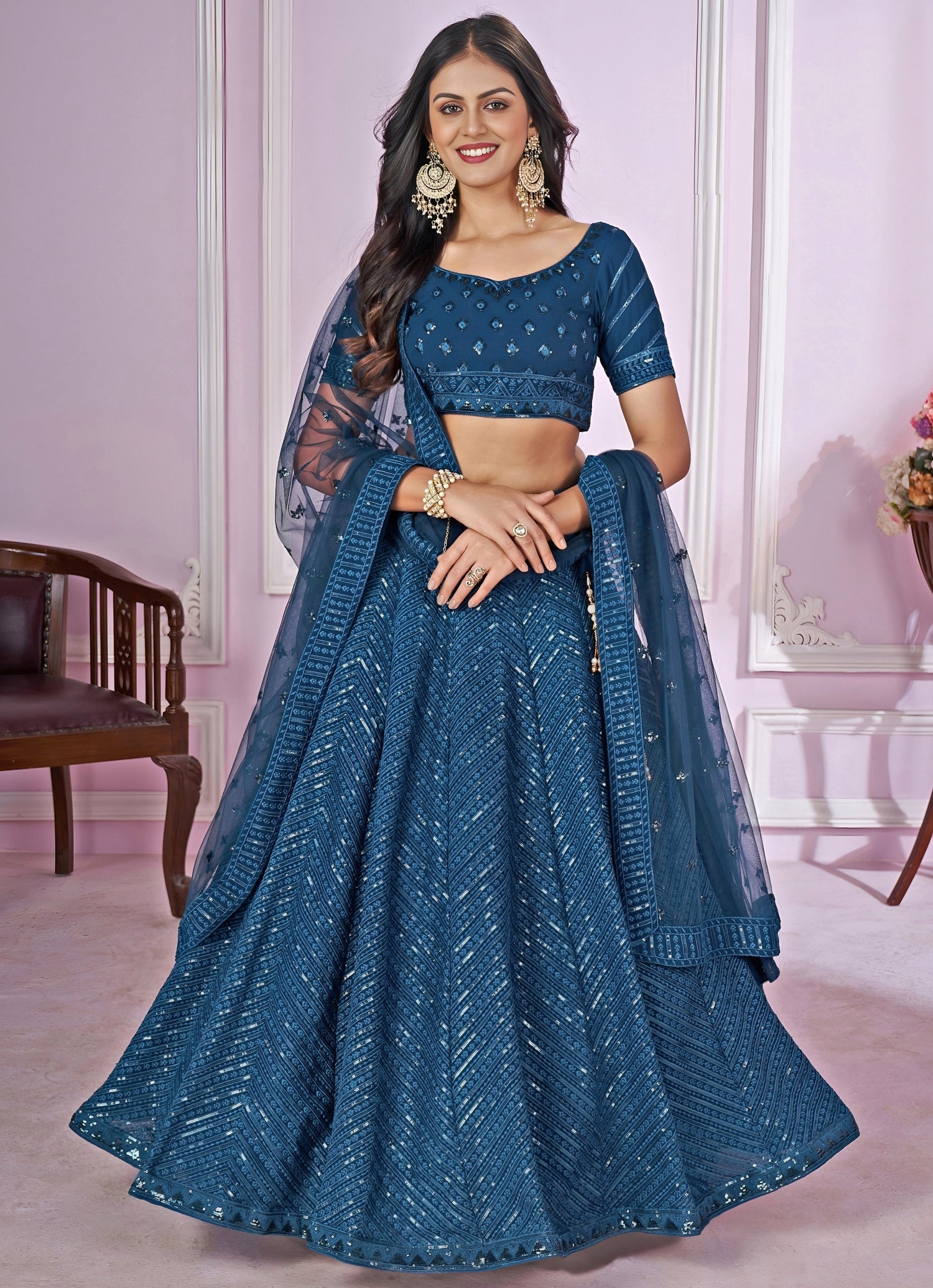 Teal Blue Sequins Embroidered Georgette Lehenga Set