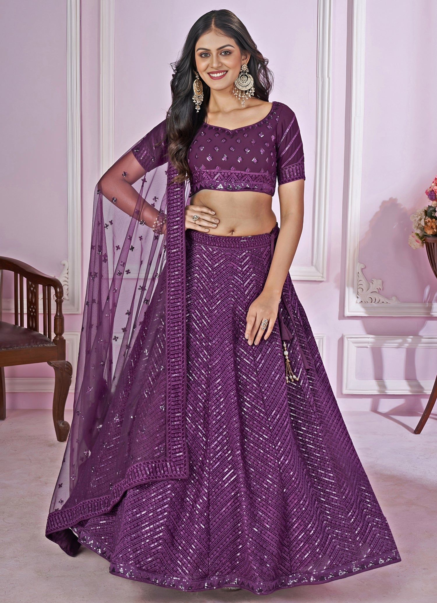 Purple Sequins Embroidered Georgette Lehenga Set