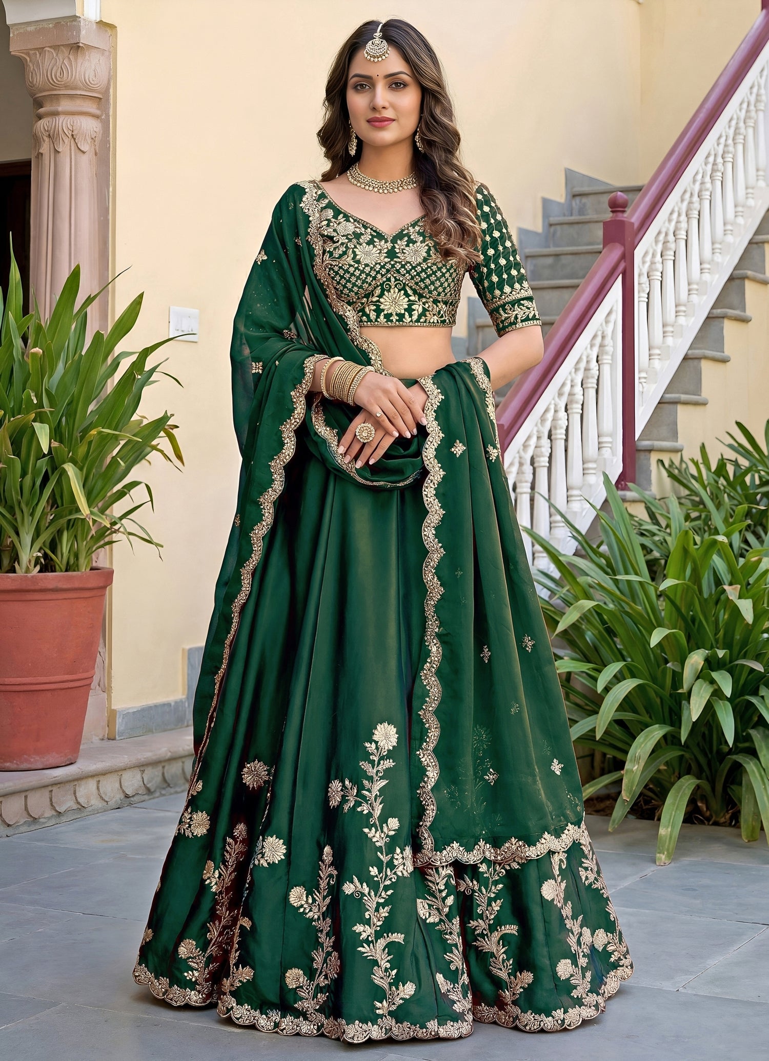 Green Rangoli Silk Lehenga Set