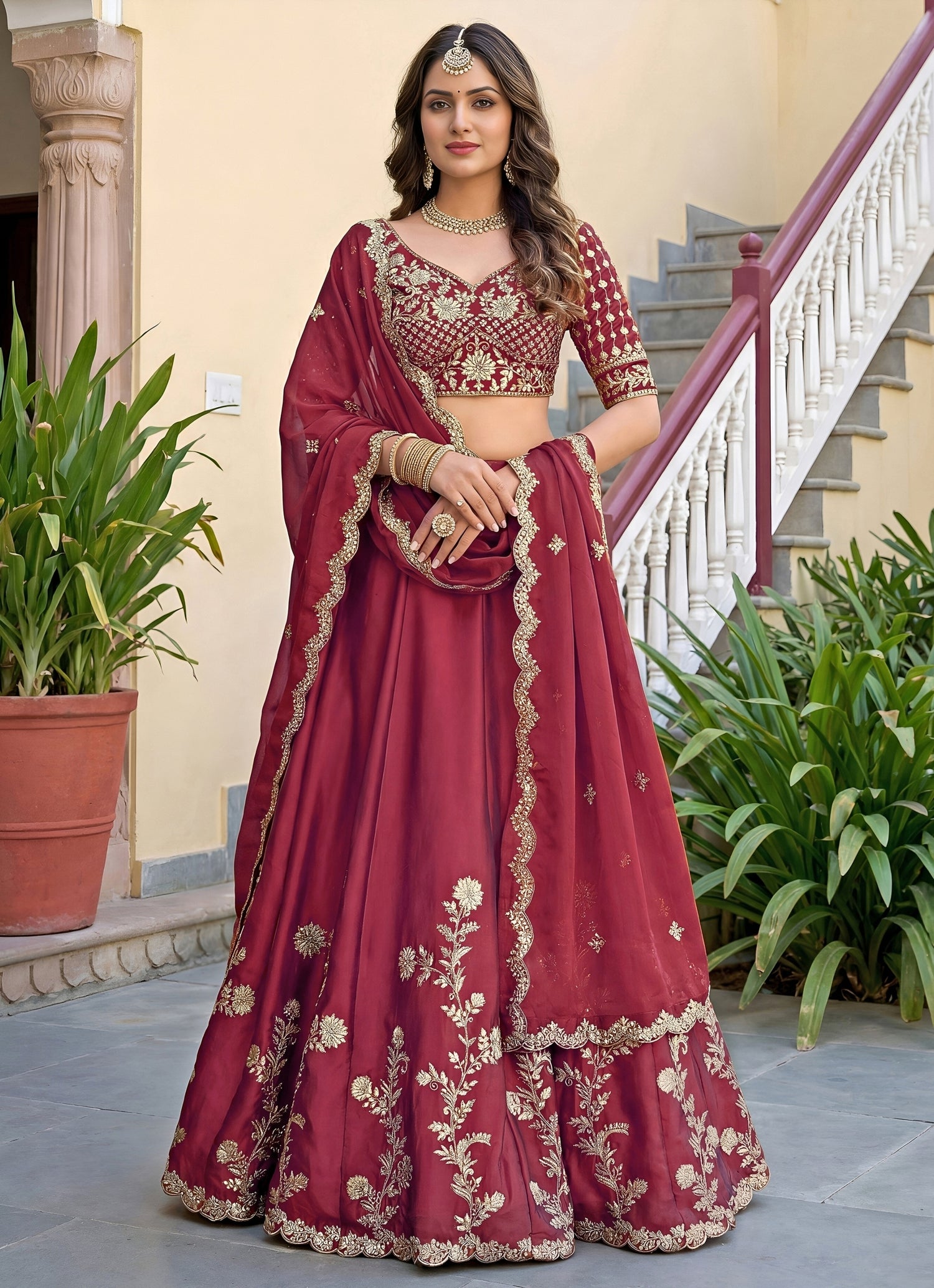 Maroon Red Rangoli Silk Lehenga Set