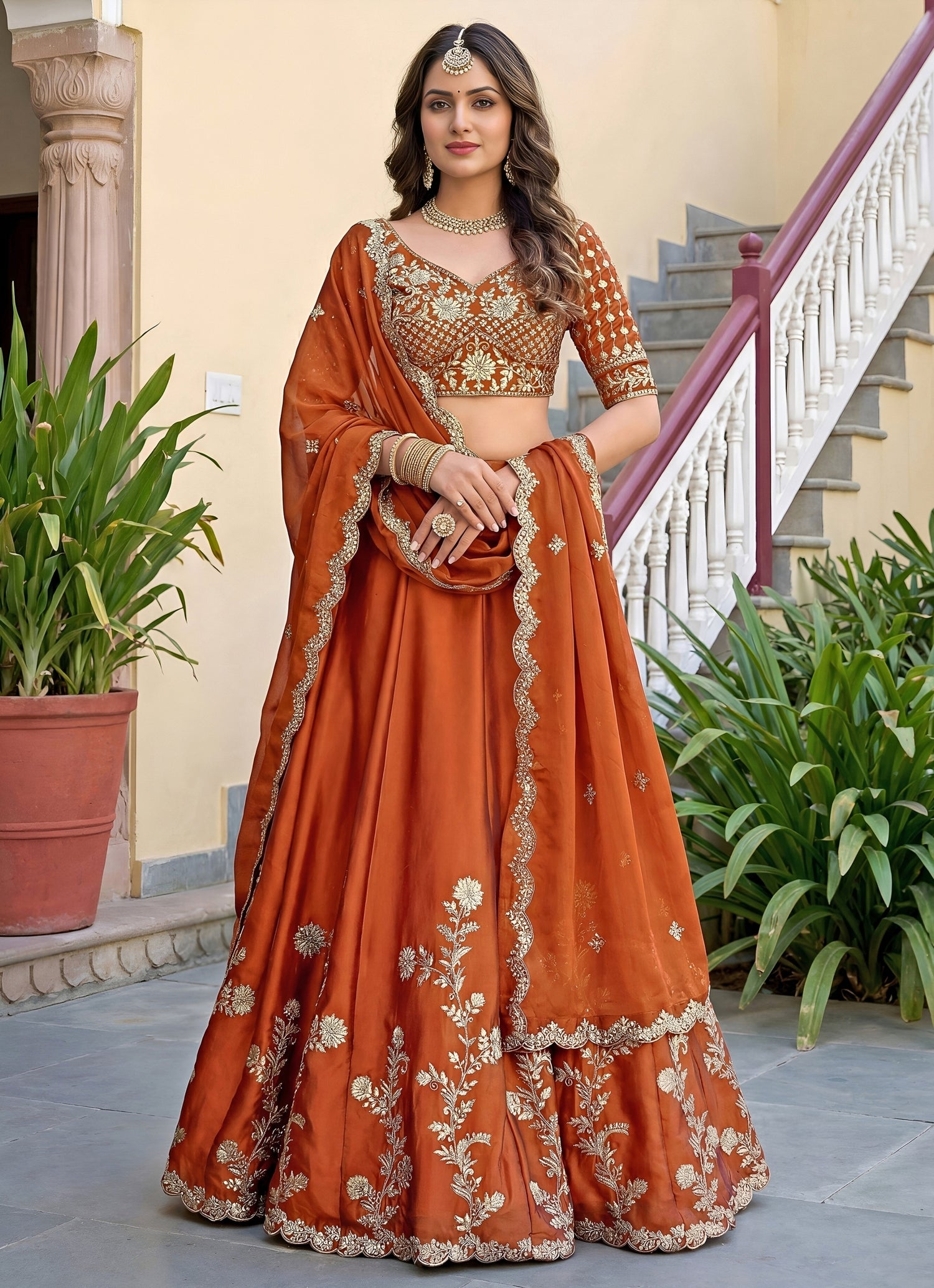 Orange Rangoli Silk Lehenga Set