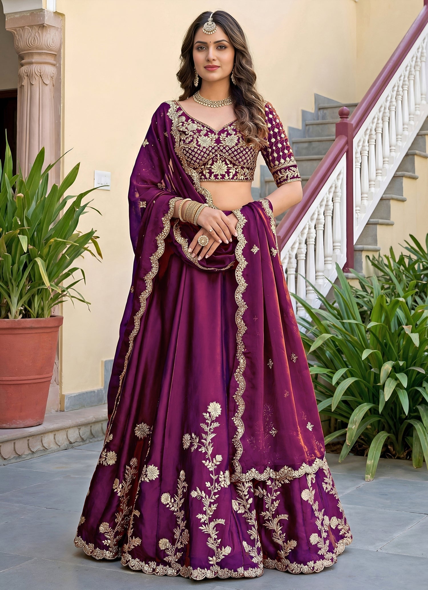 Wine Rangoli Silk Lehenga Set