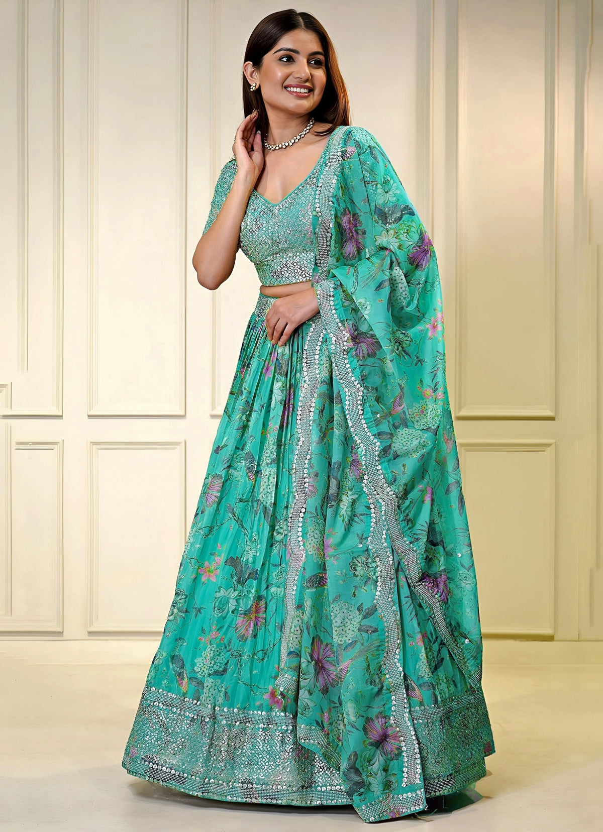 Turquoise Blue Printed Organza Lehenga Set