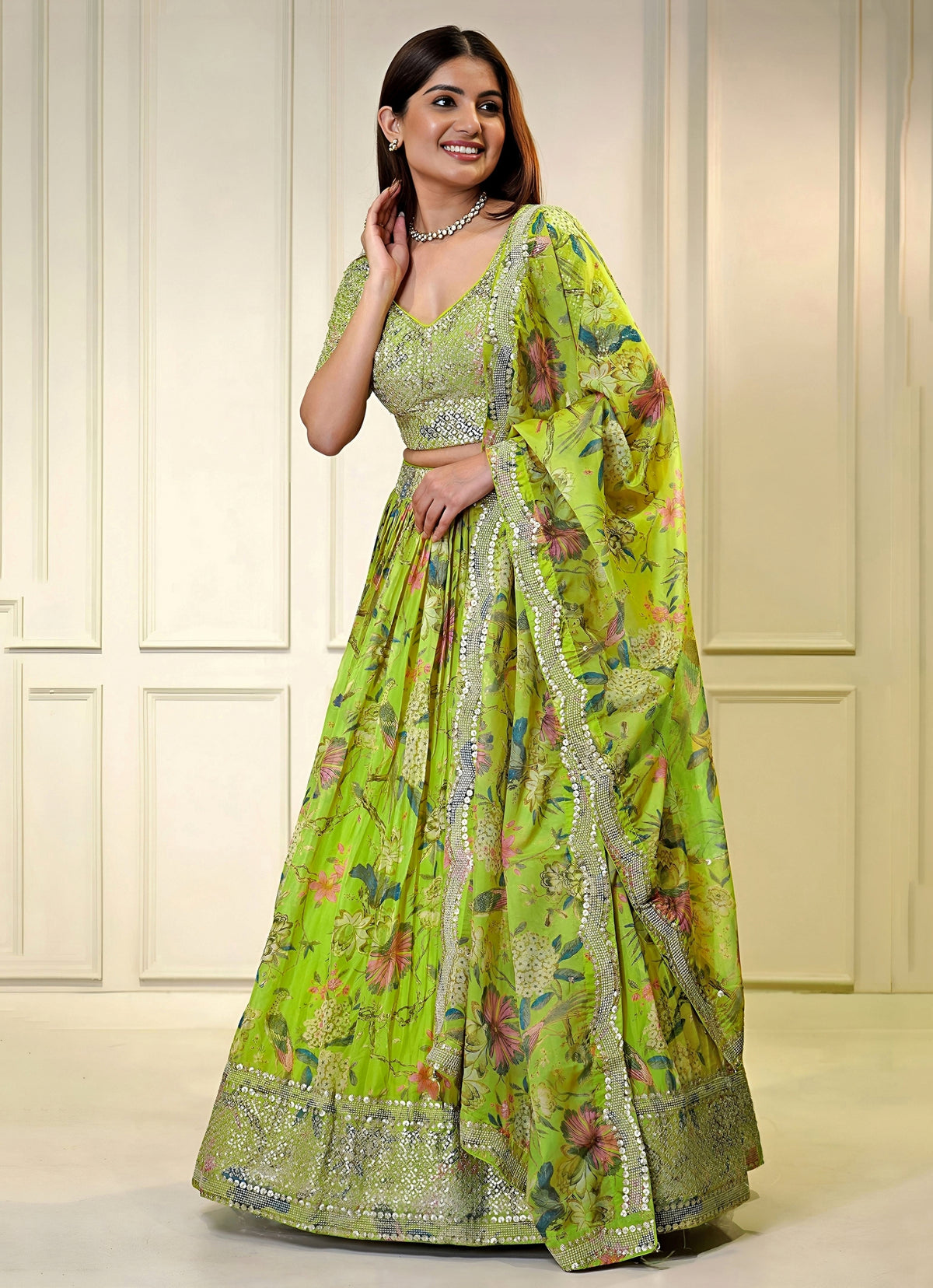 Neon Green Printed Organza Lehenga Set