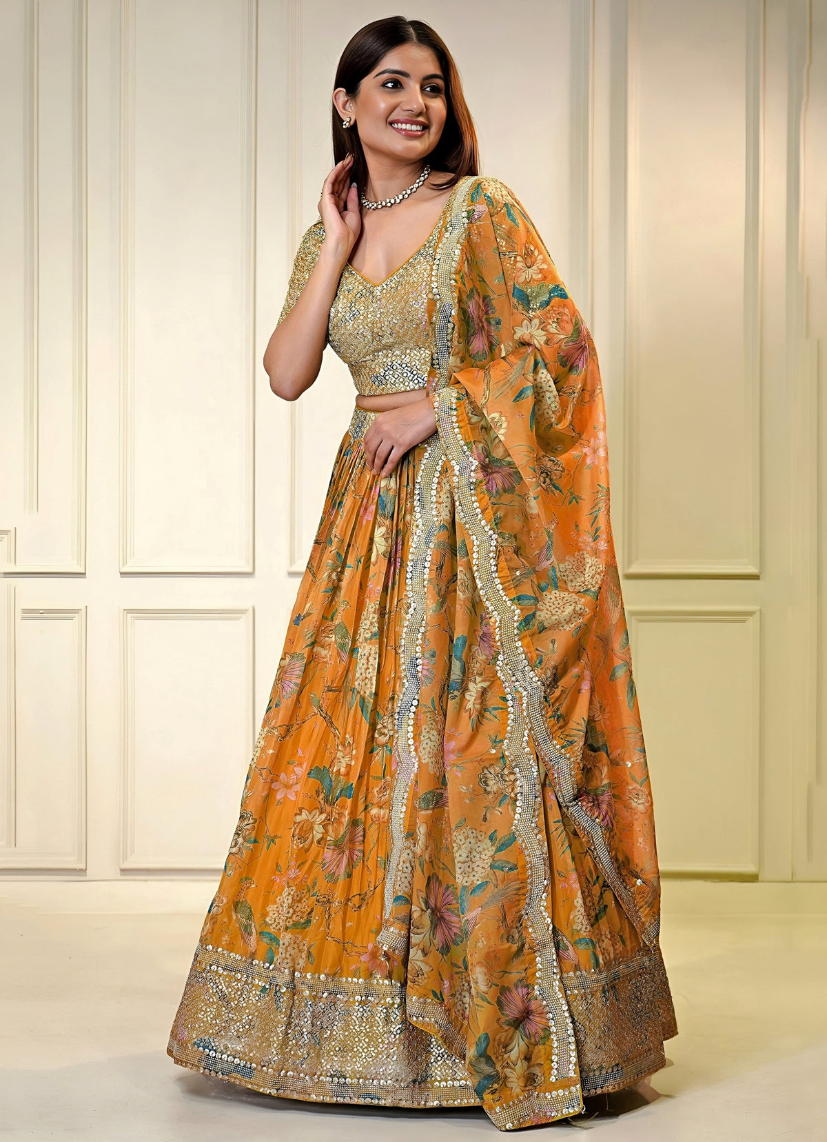 Burnt Orange Printed Organza Lehenga Set