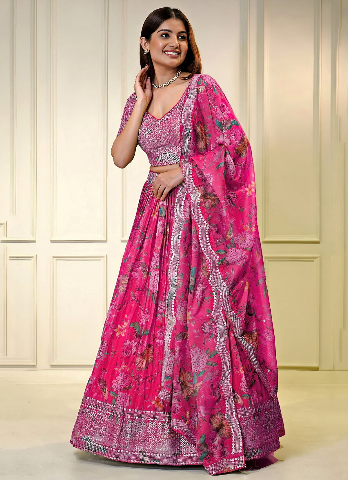 Pink Printed Organza Lehenga Set