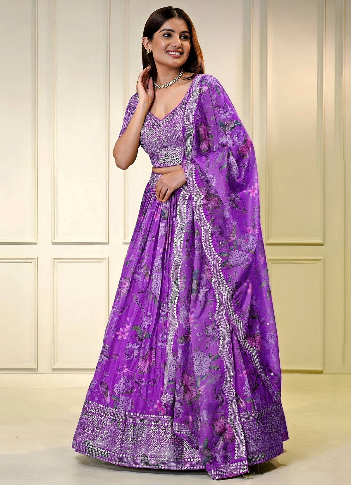 Purple Printed Organza Lehenga Set