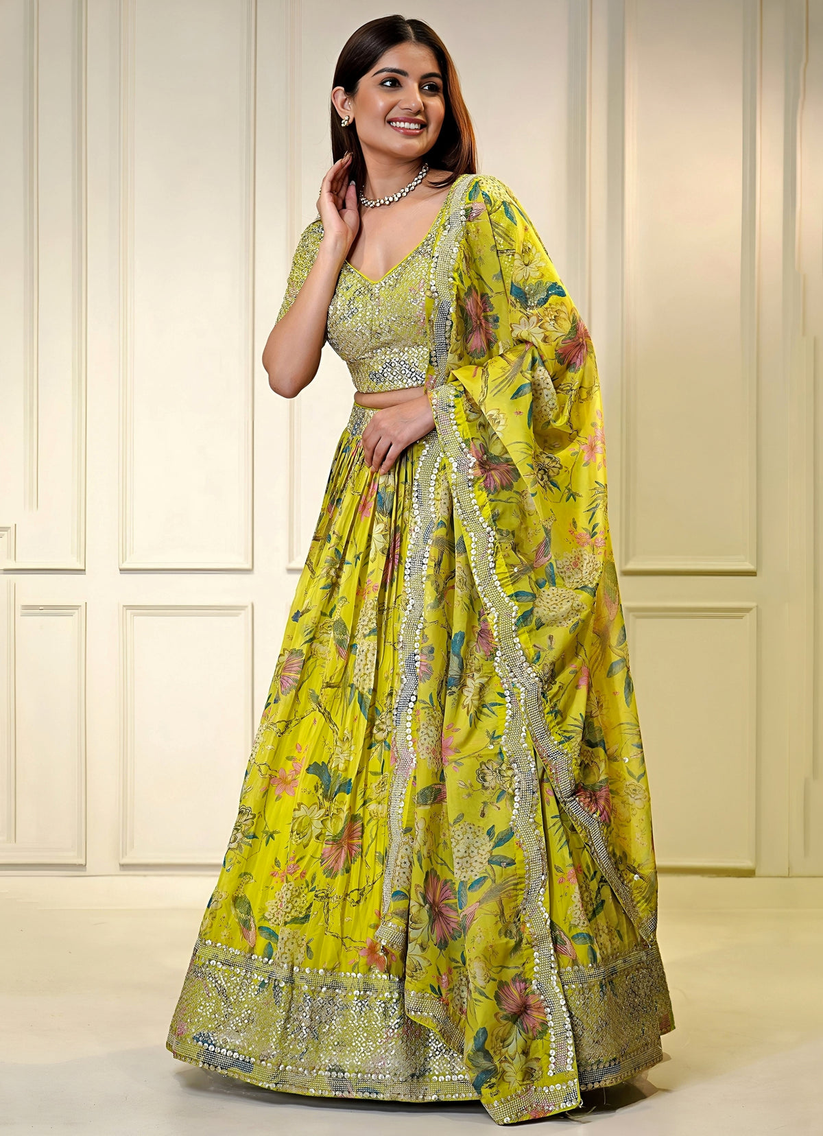 Yellow Printed Organza Lehenga Set