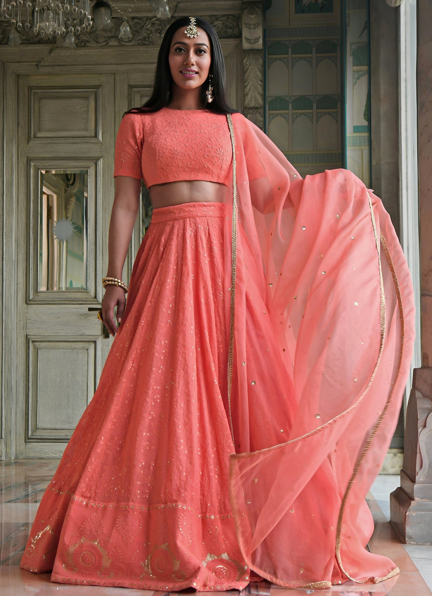 Coral Peach Georgette Lehenga Set