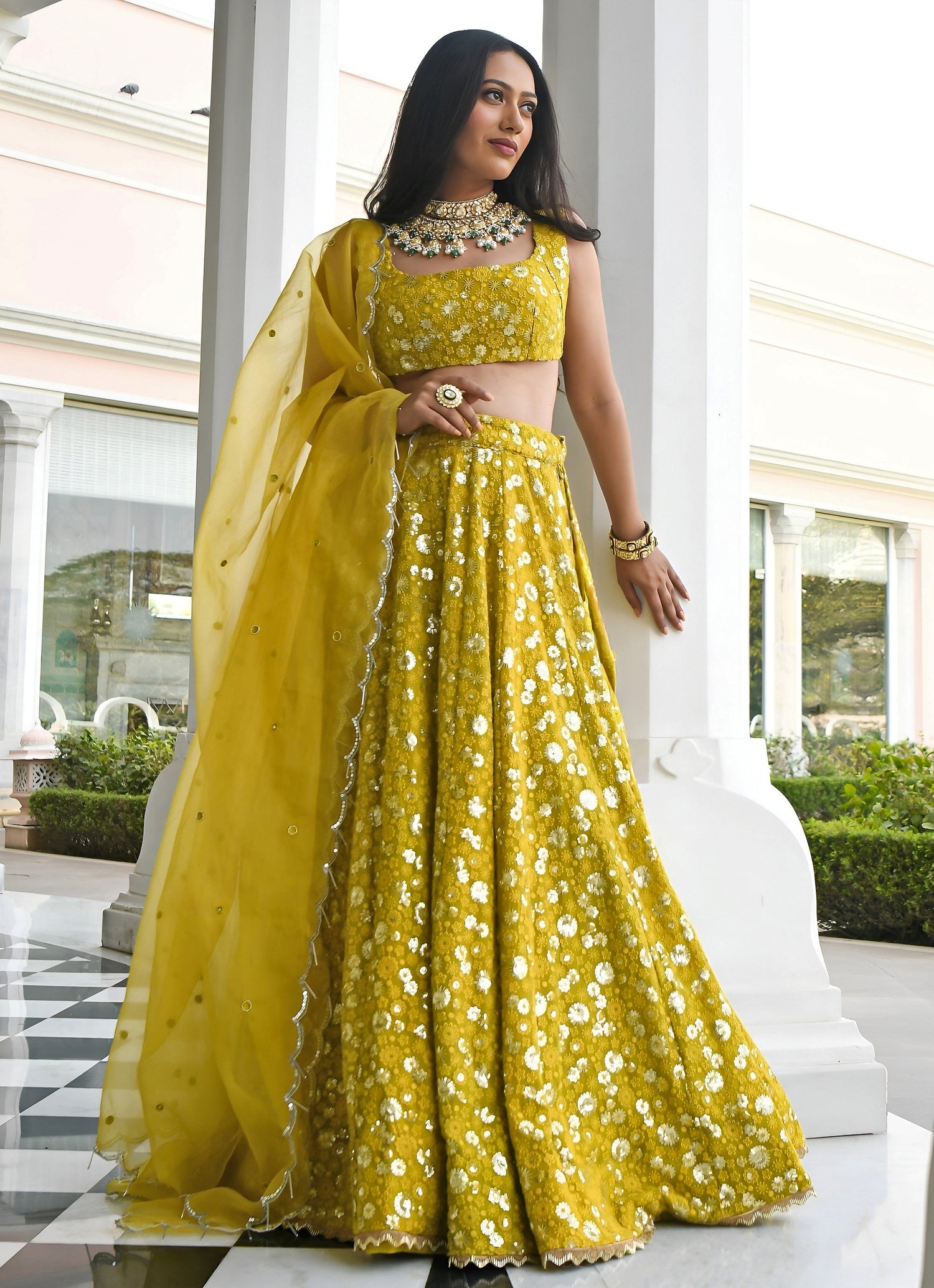 Yellow Embroidered Georgette Lehenga Set
