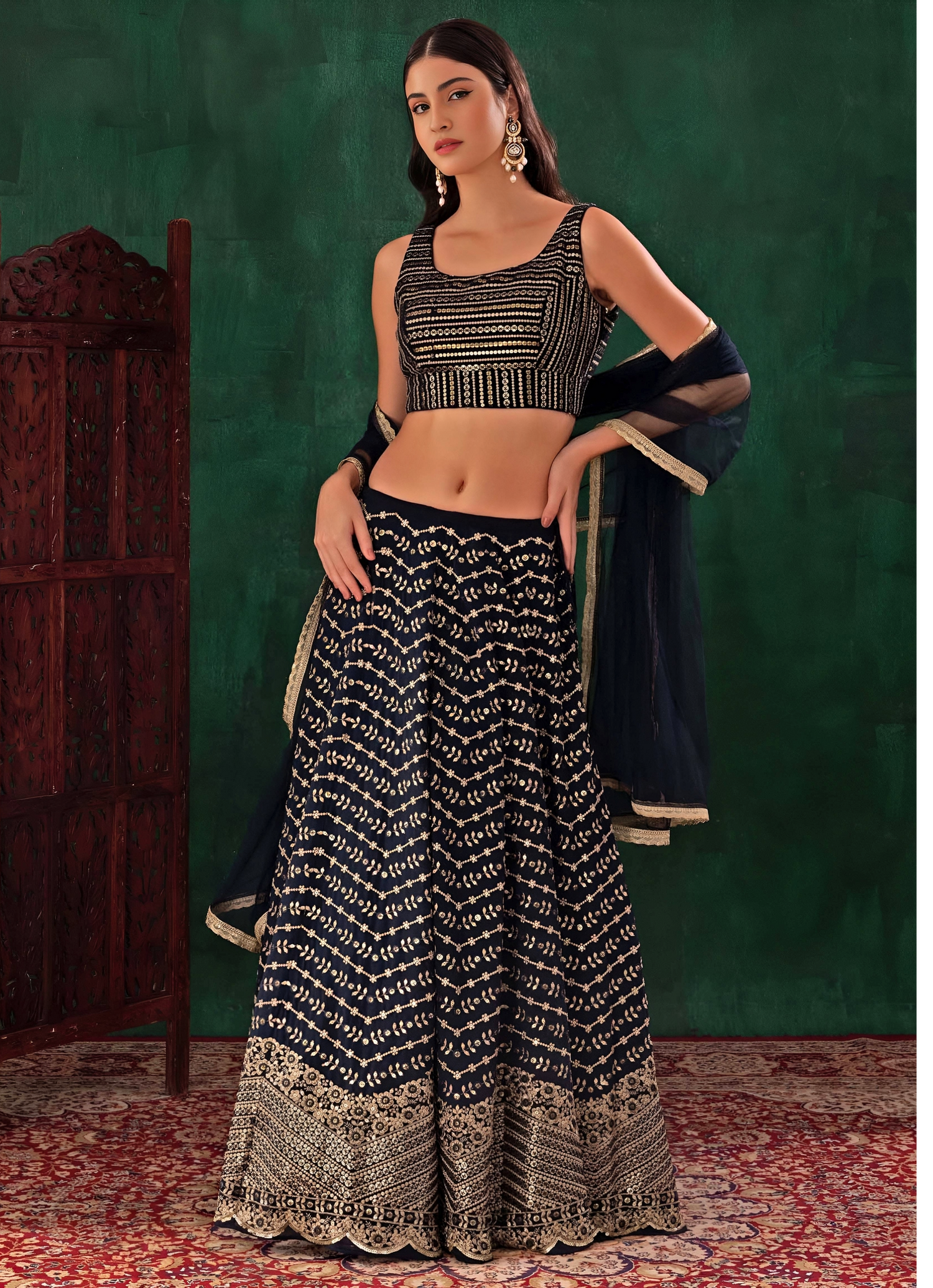Midnight Blue Georgette Lehenga Set