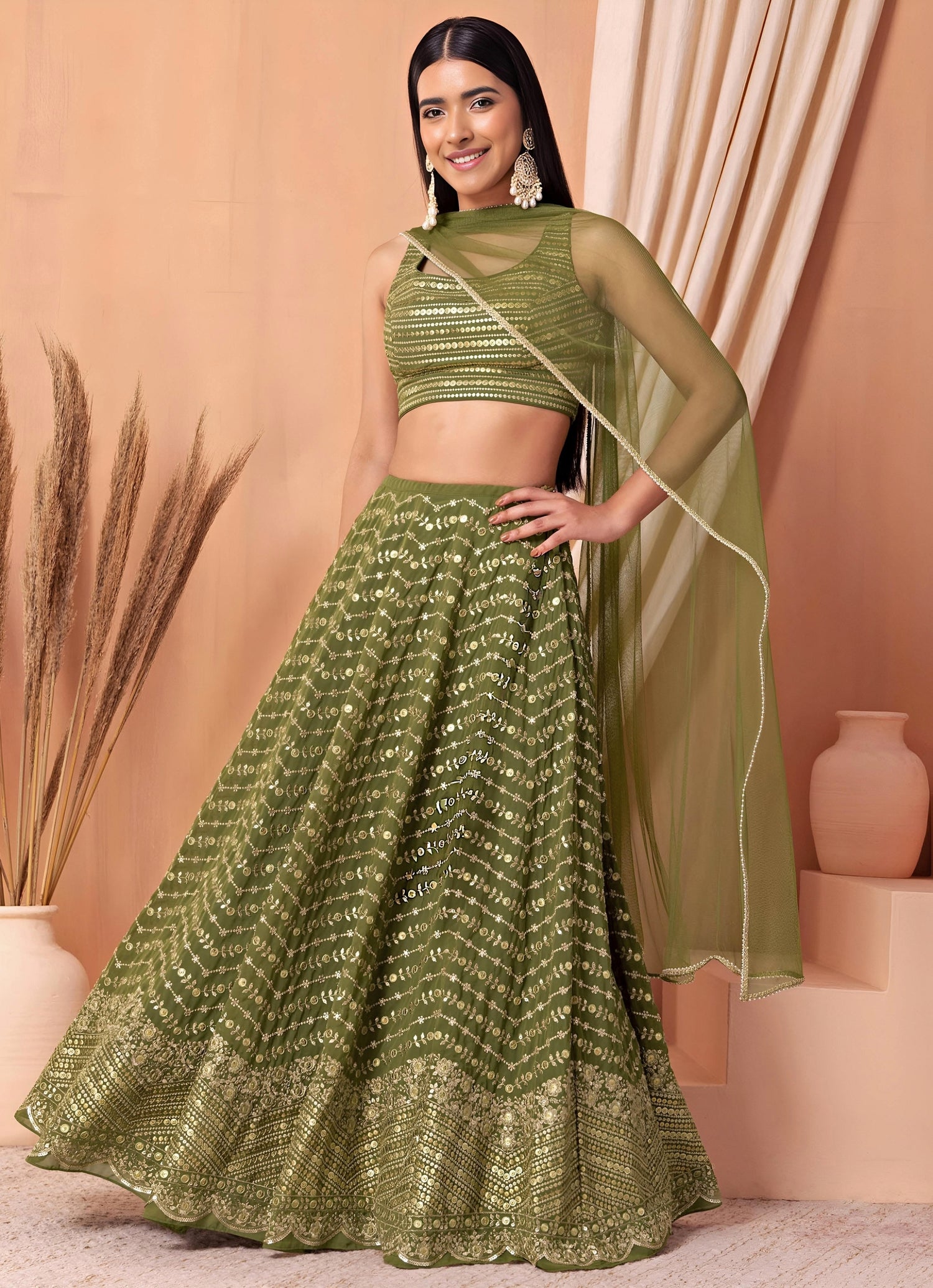 Green Georgette Lehenga Set