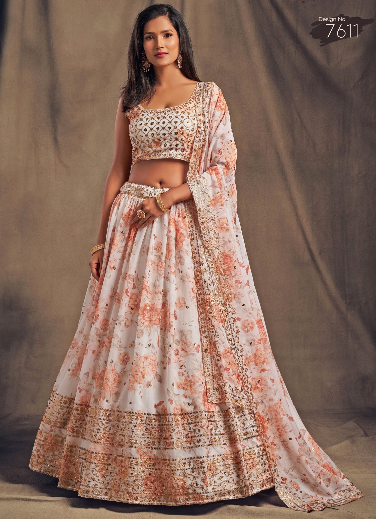 Ivory Floral Printed Organza Lehenga Set