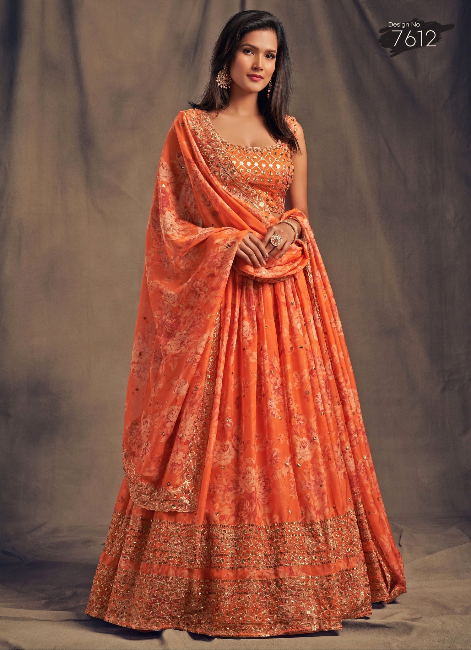 Orange Floral Printed Organza Lehenga Set