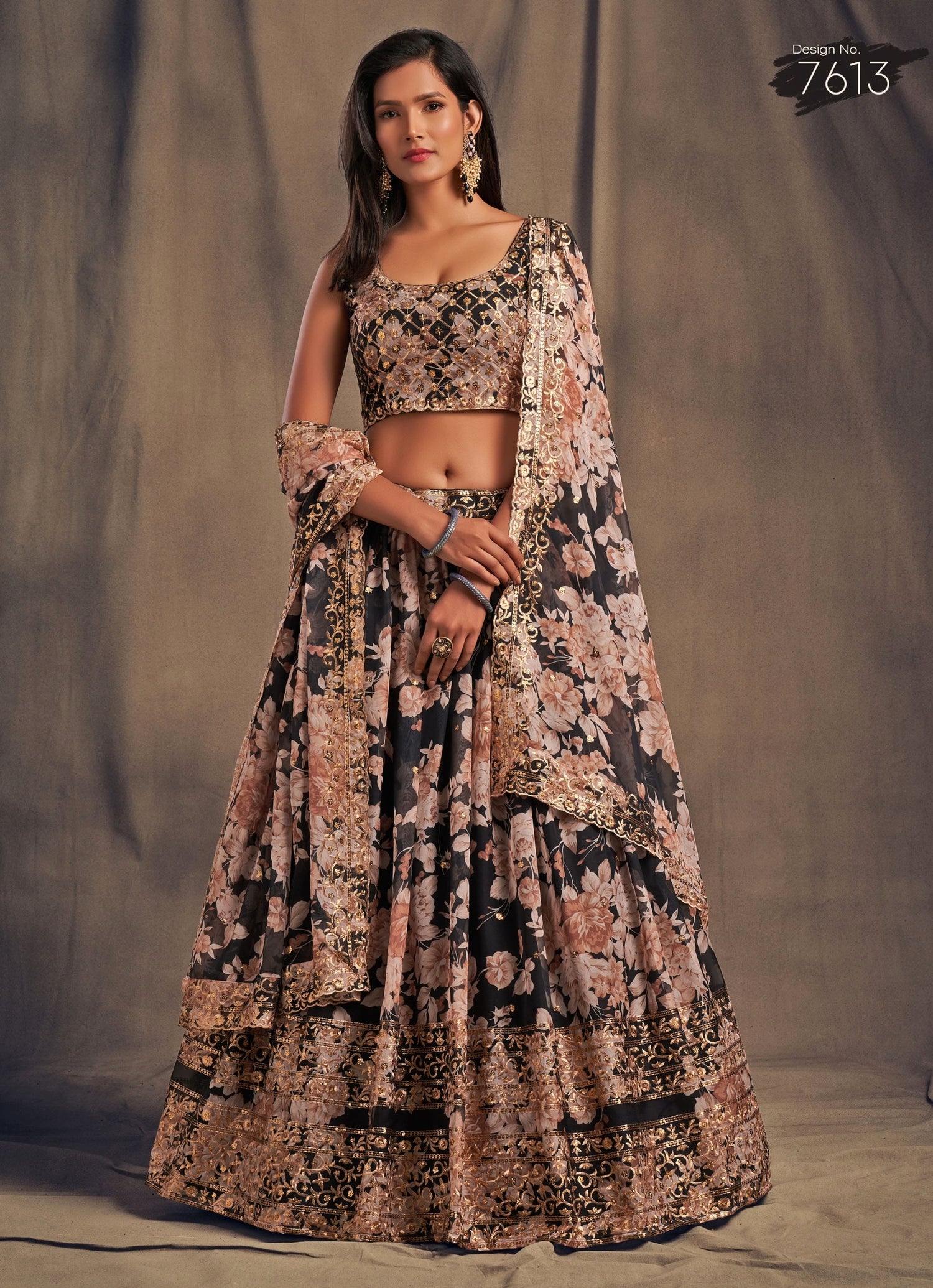Black Floral Printed Organza Lehenga Set