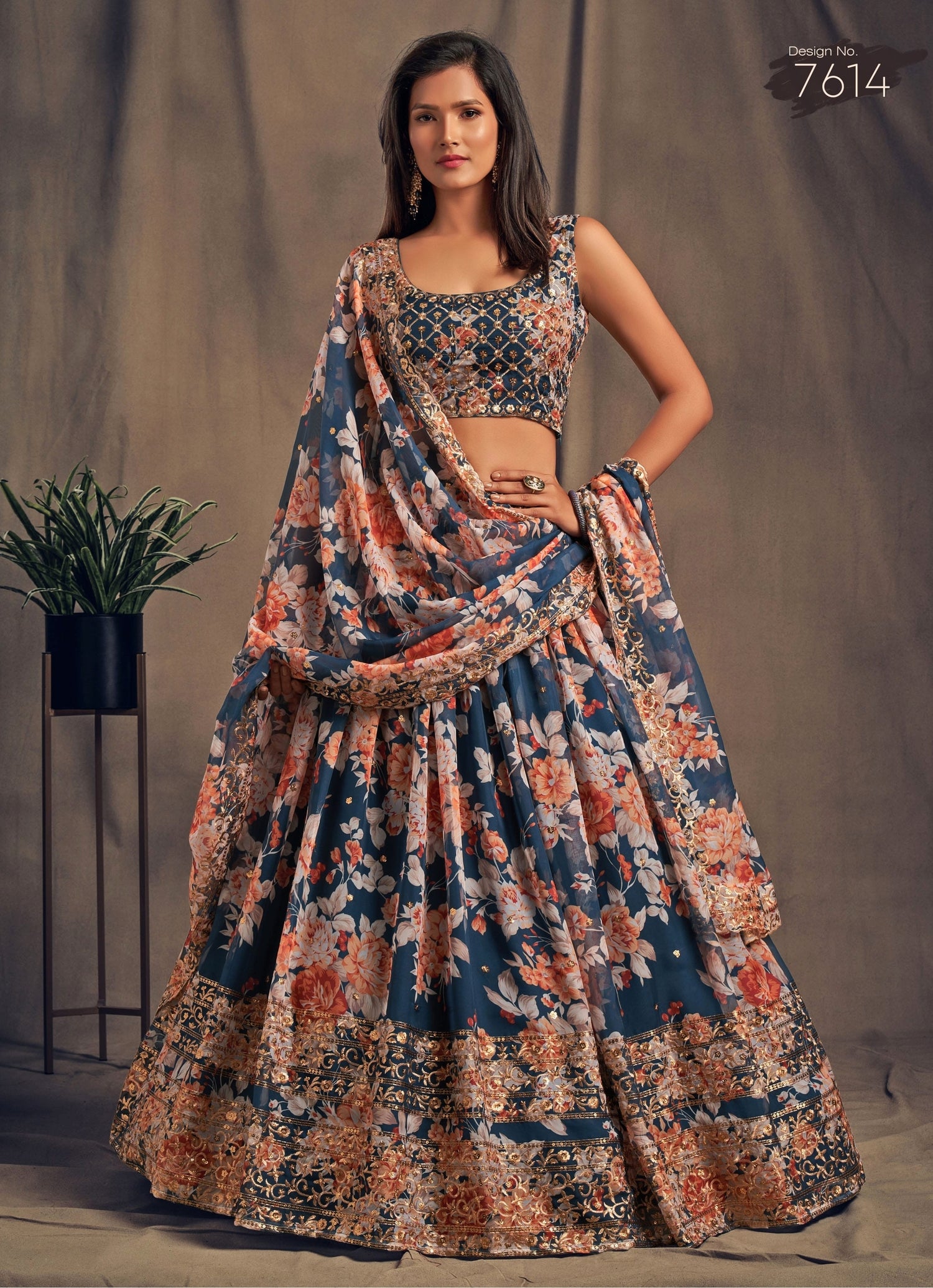 Blue Floral Printed Organza Lehenga Set