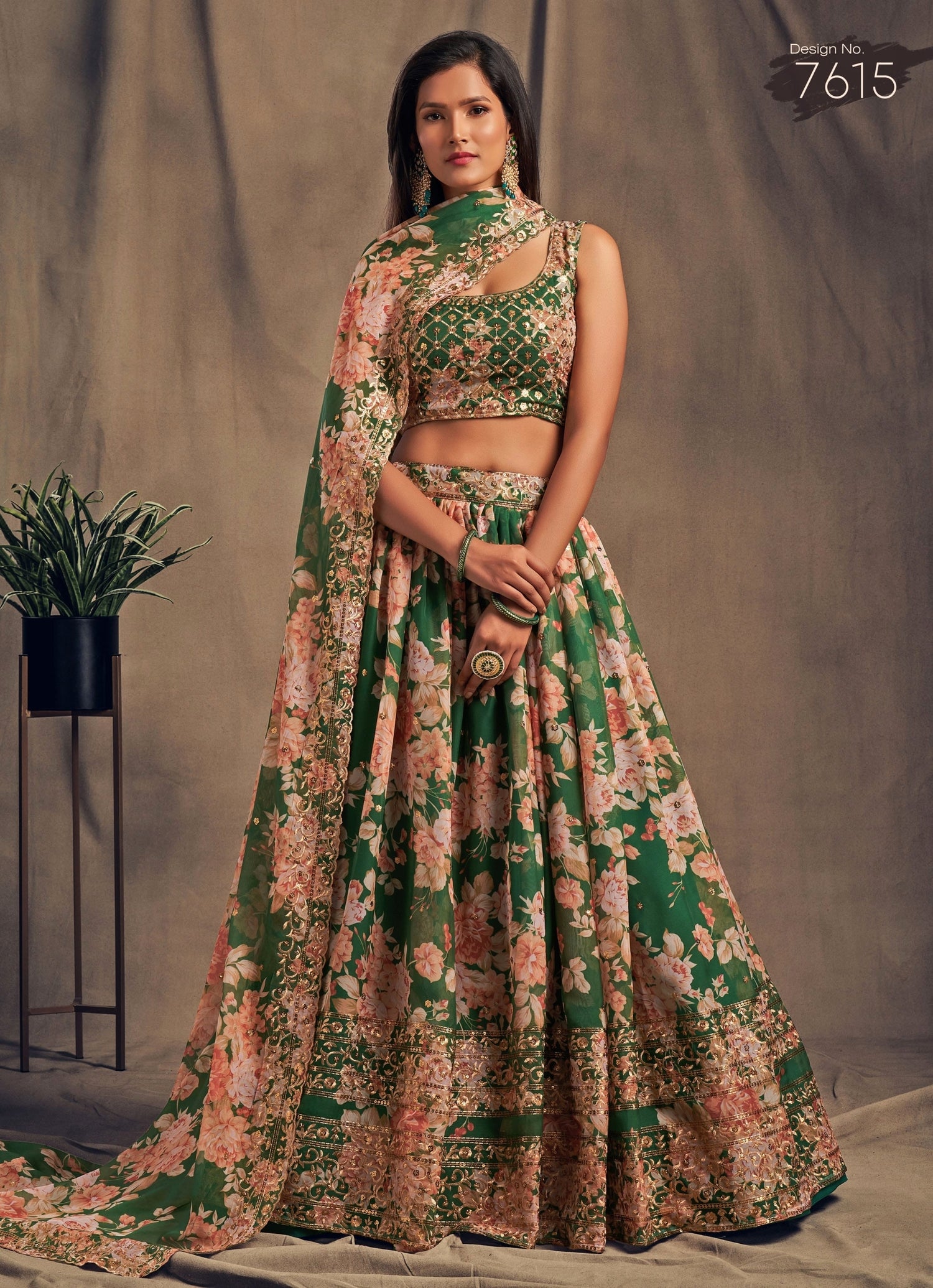 Green Floral Printed Organza Lehenga Set