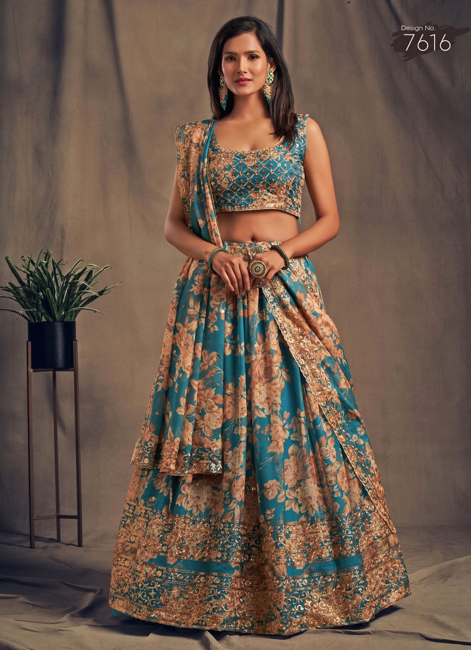 Teal Blue Floral Printed Organza Lehenga Set