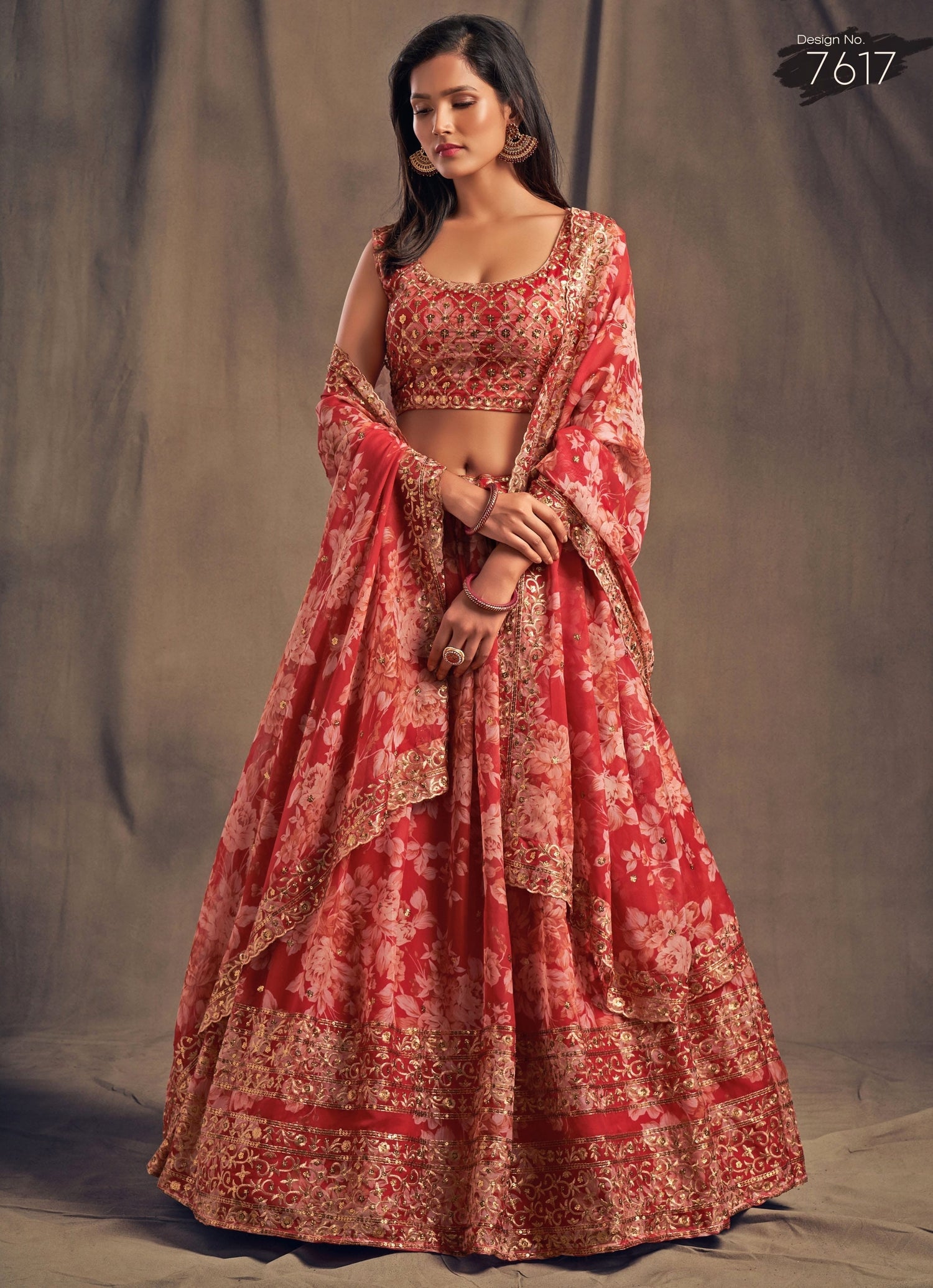 Red Floral Printed Organza Lehenga Set
