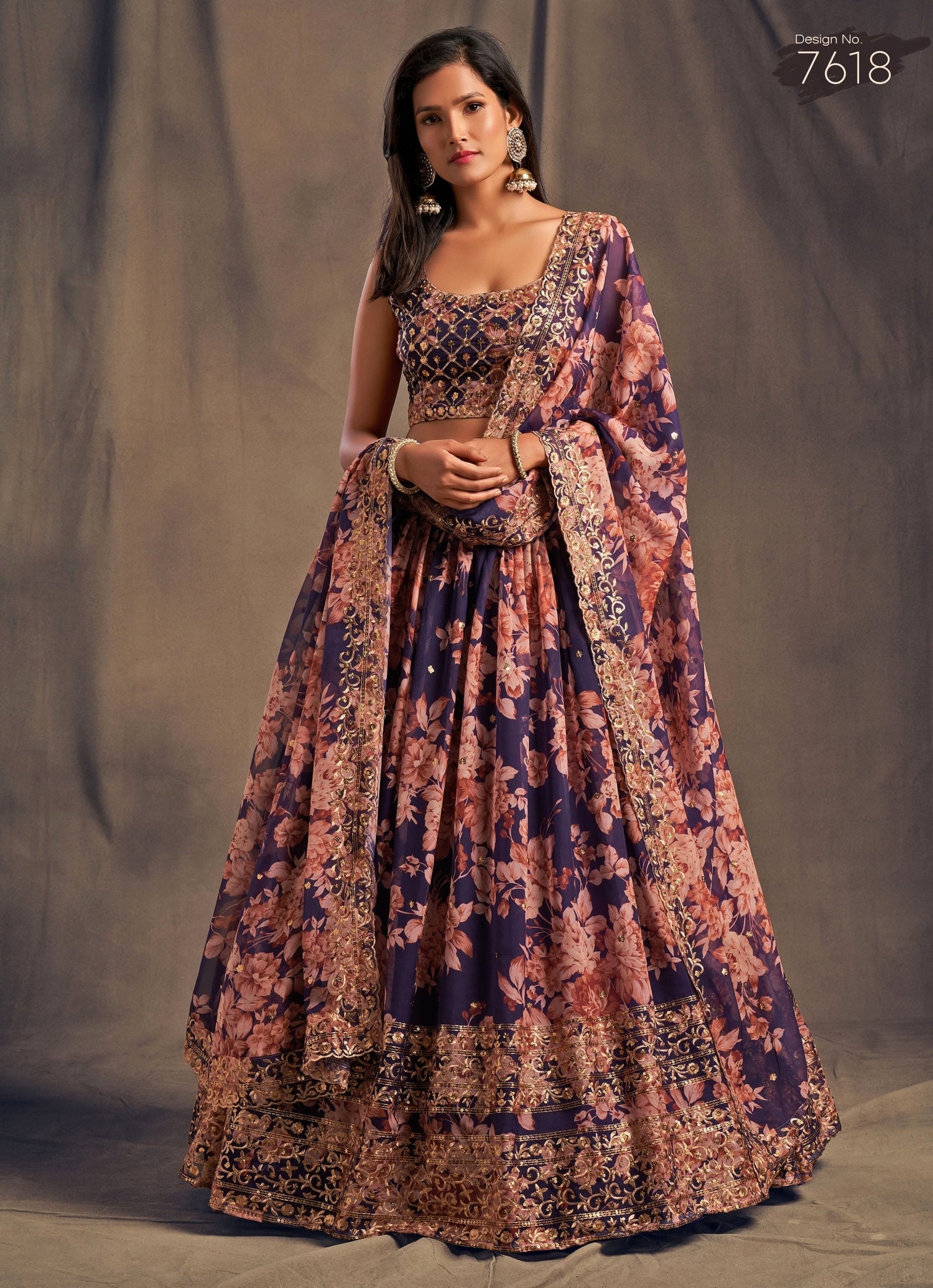 Purple Floral Printed Organza Lehenga Set