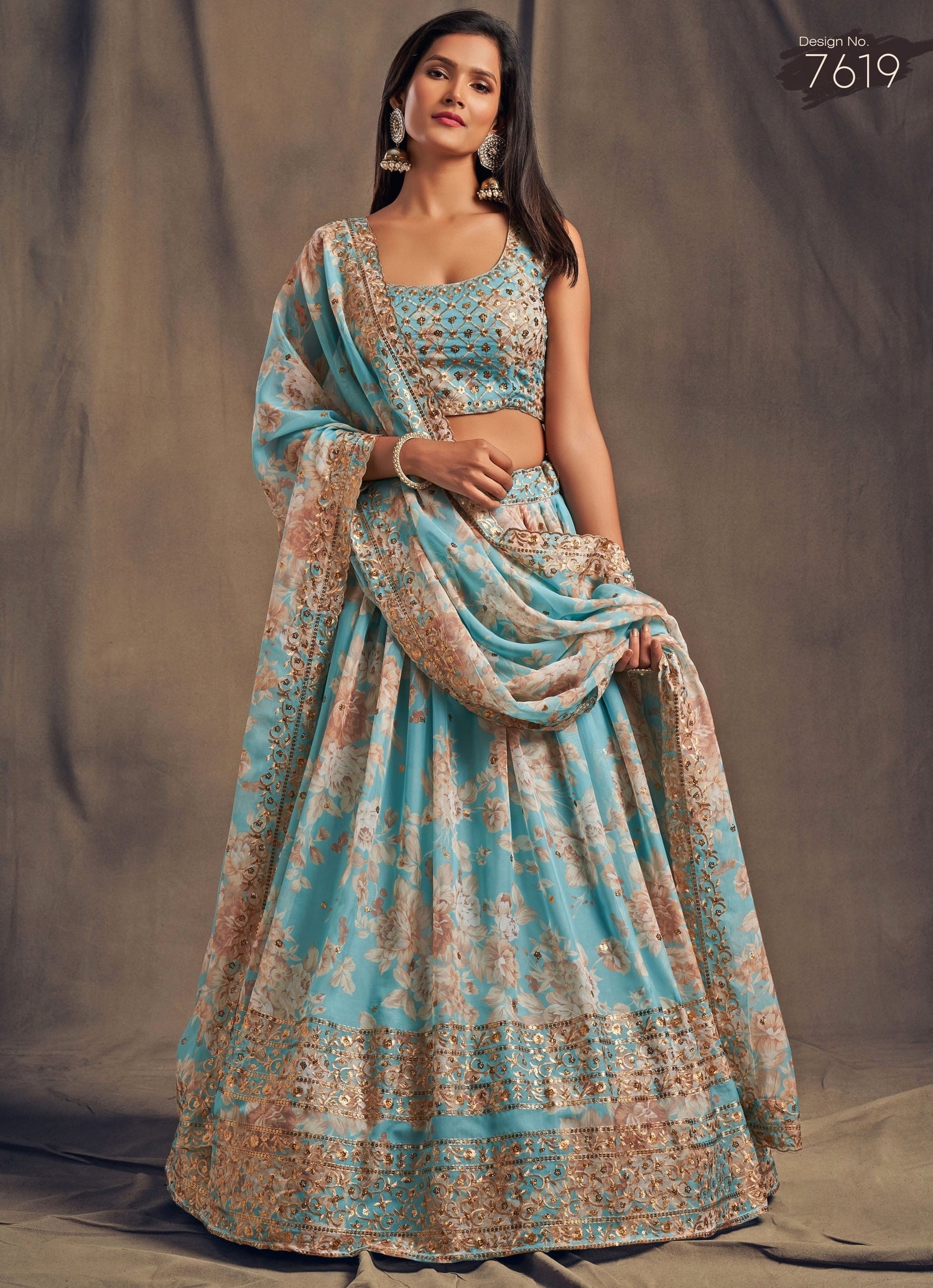 Powder Blue Floral Printed Organza Lehenga Set