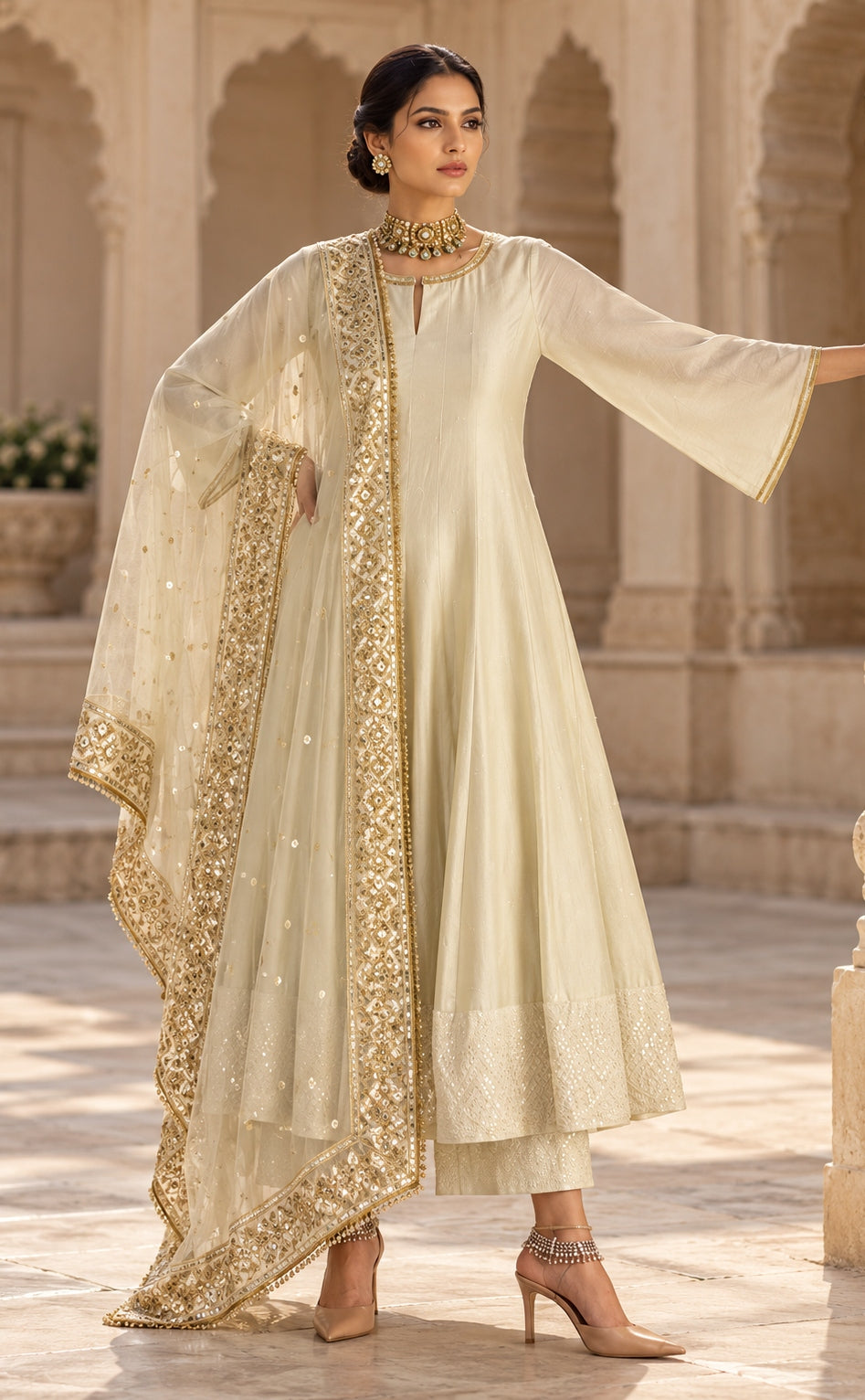 Ivory and Gold Chanderi Anarkali Set