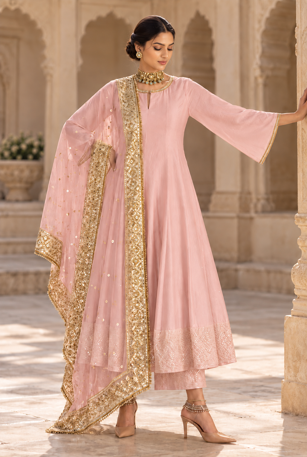 Pastel Pink and Gold Chanderi Anarkali Set