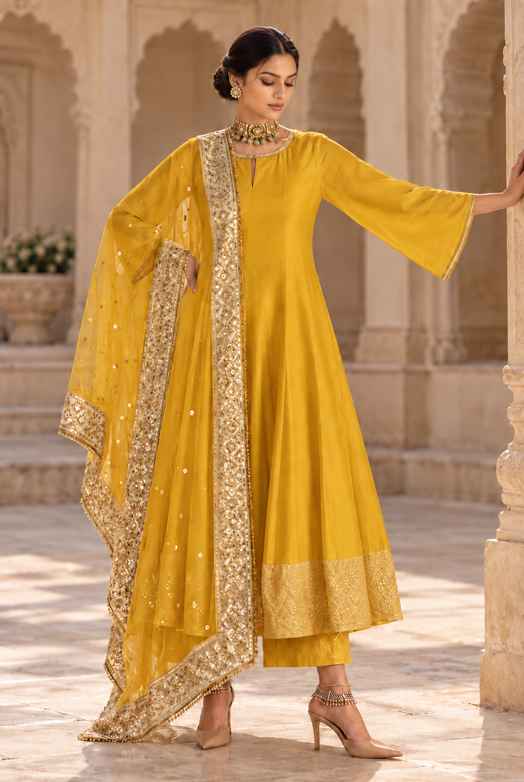Yellow Chanderi Anarkali Set