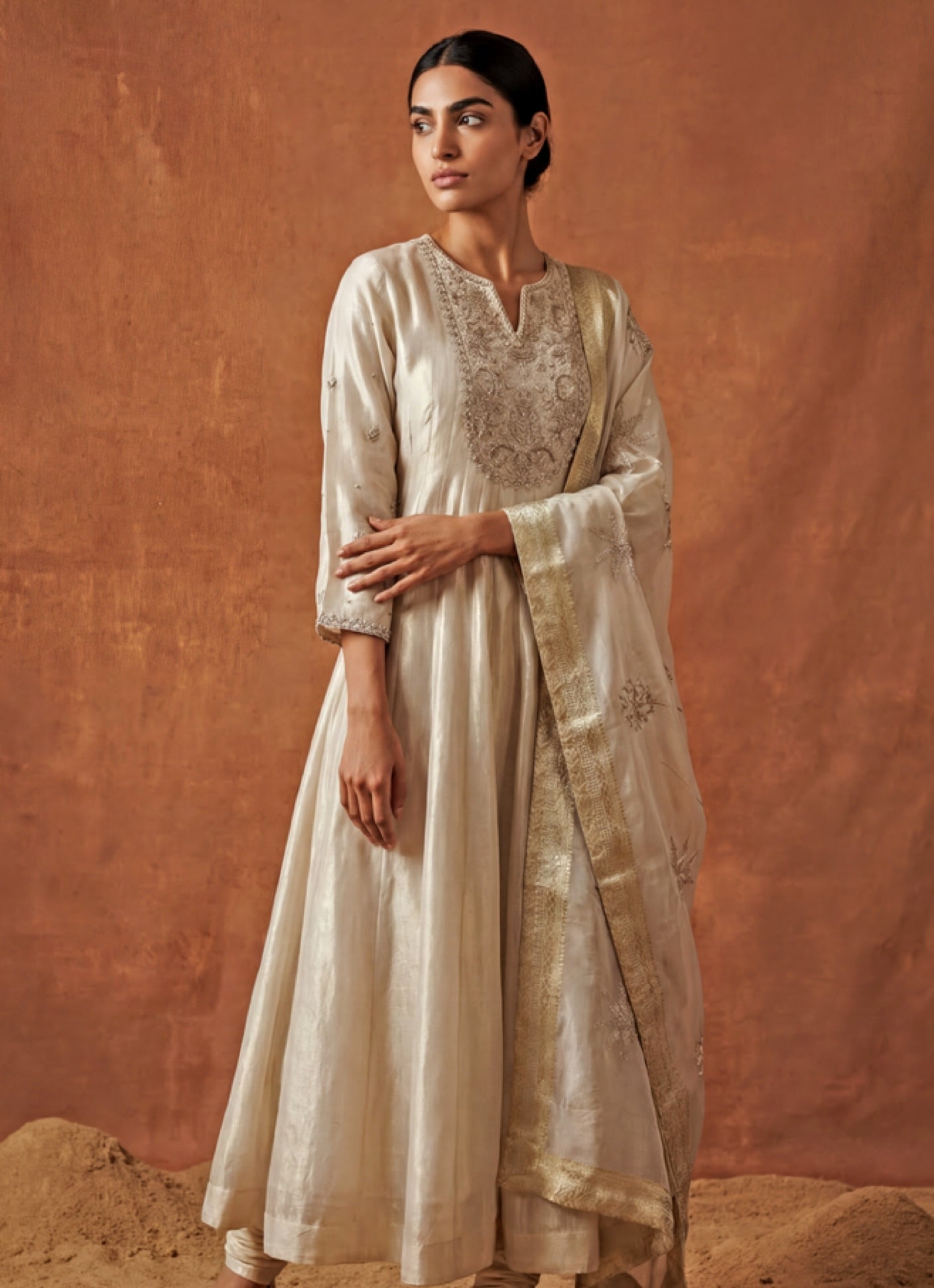 Ivory Tissue Anarkali With Dupatta