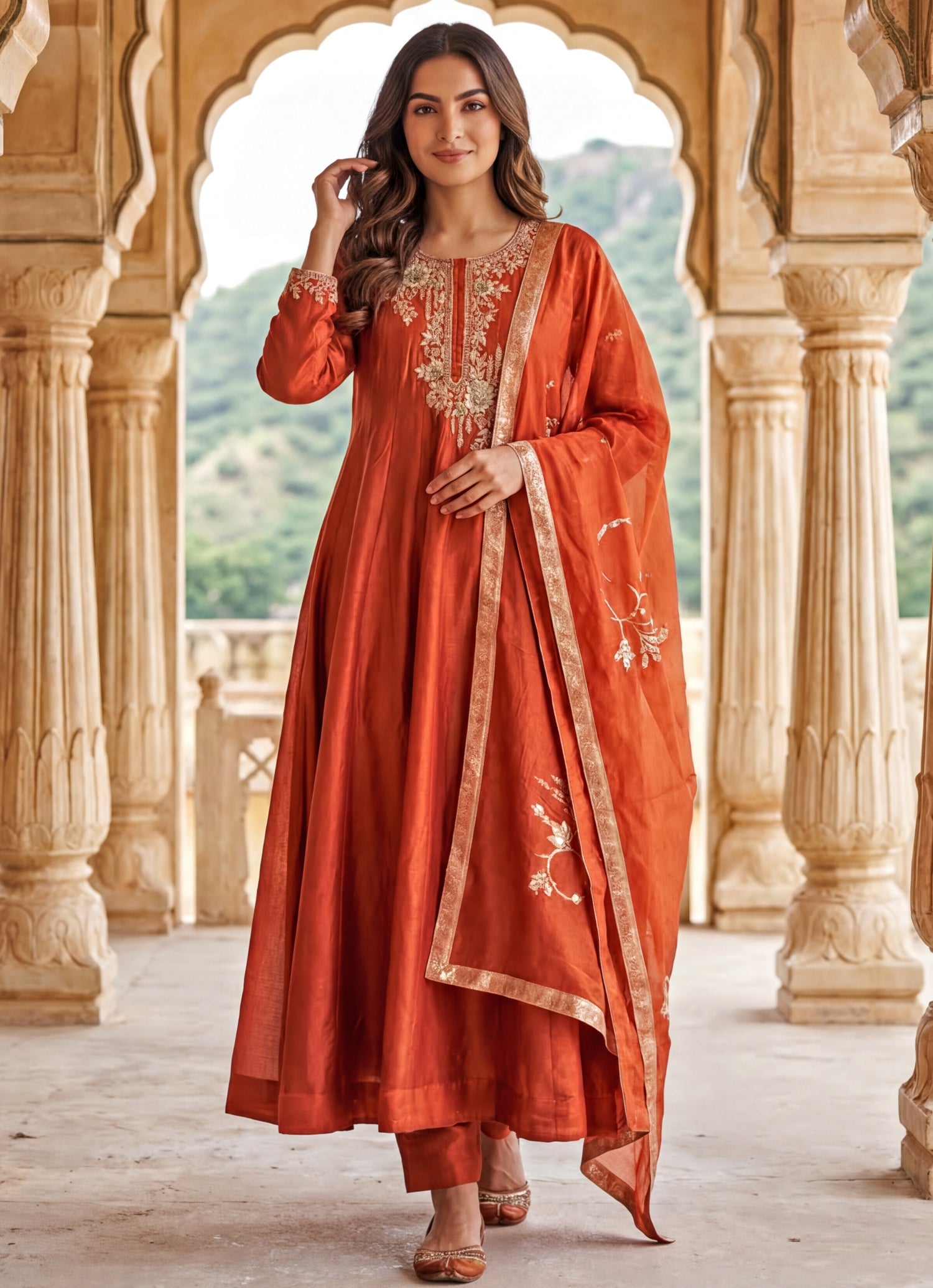 Rust Orange Chinon Anarkali Set