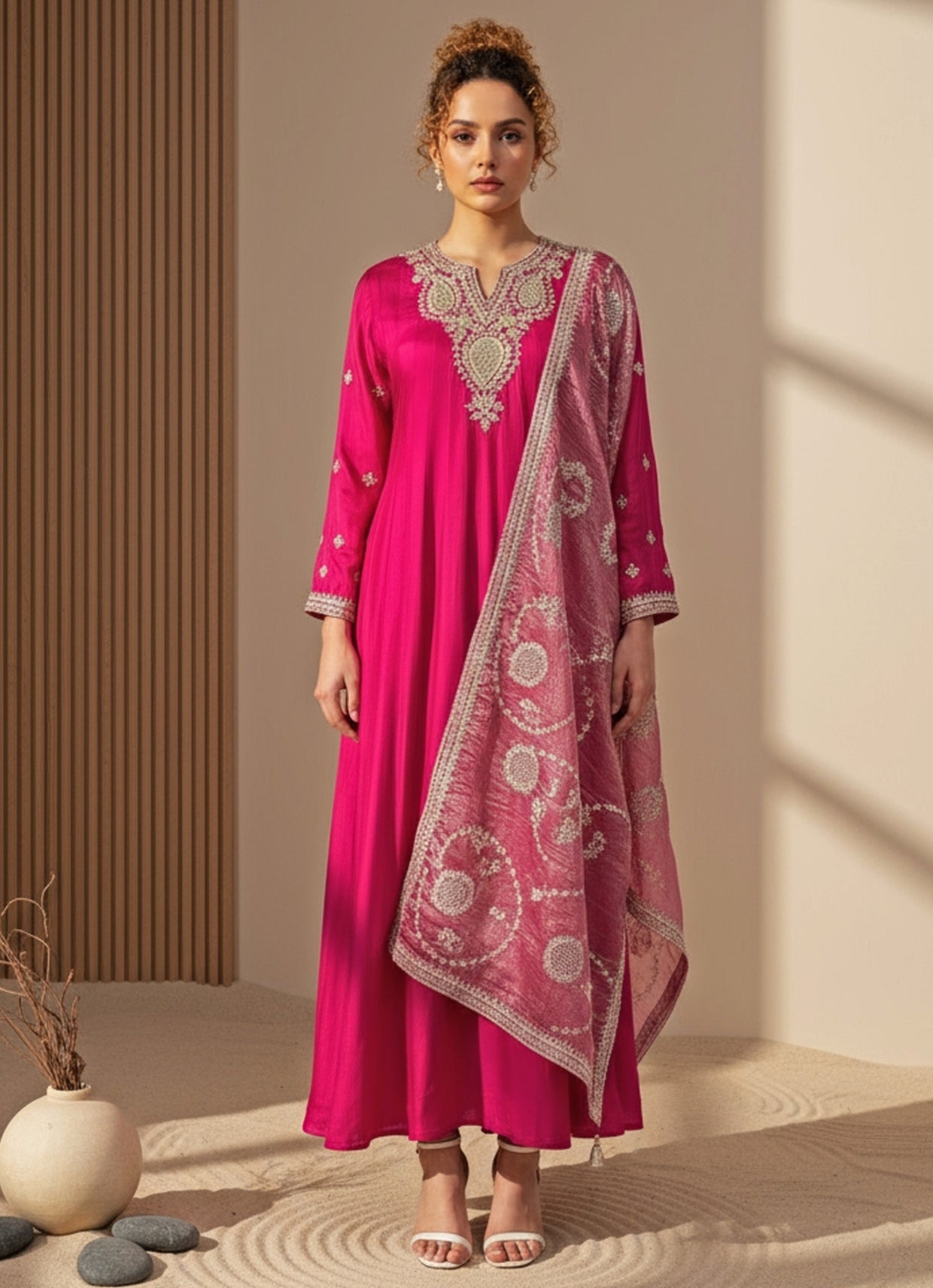 Hot Pink Chinon Anarkali Set