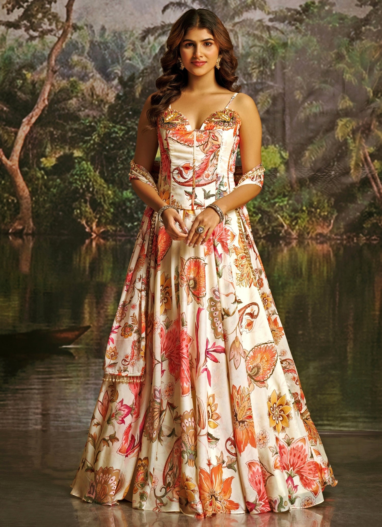 Off White Floral Printed Corset Lehenga Set