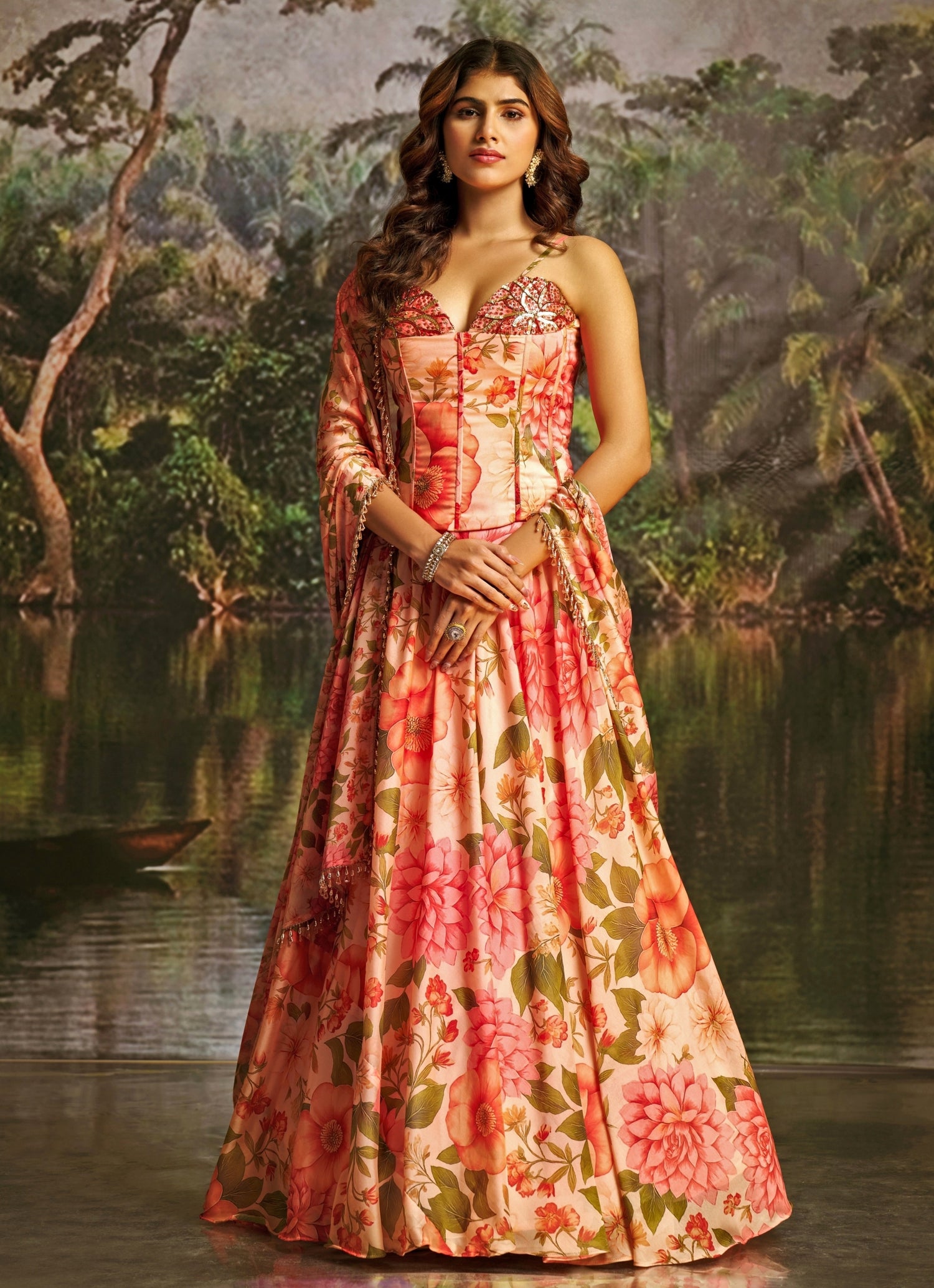 Peach Floral Printed Corset Lehenga Set