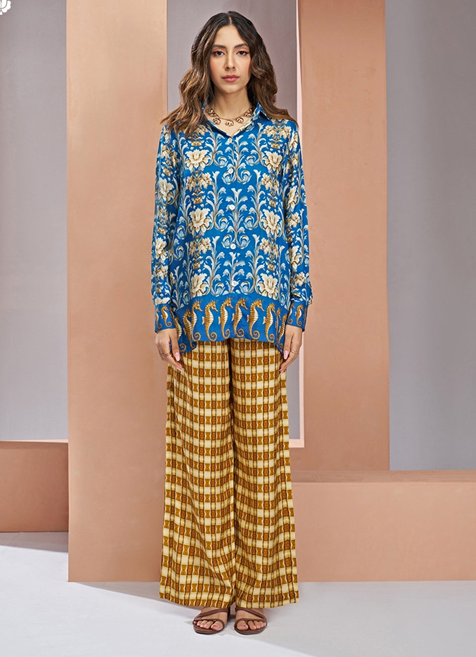 Blue And Multicolor Printed Muslin Silk Co-Ord Set