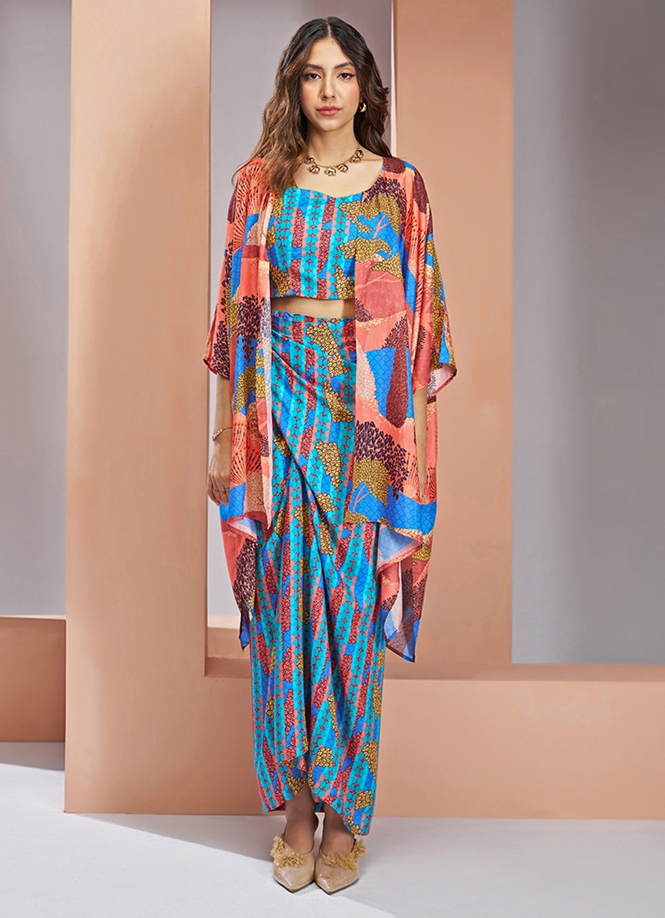 Blue And Multicolor Printed Drape Skirt With Cape