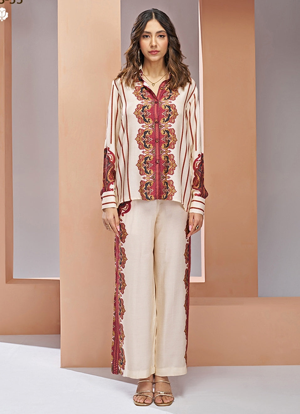 Cream Printed Muslin Silk Co-Ord Set