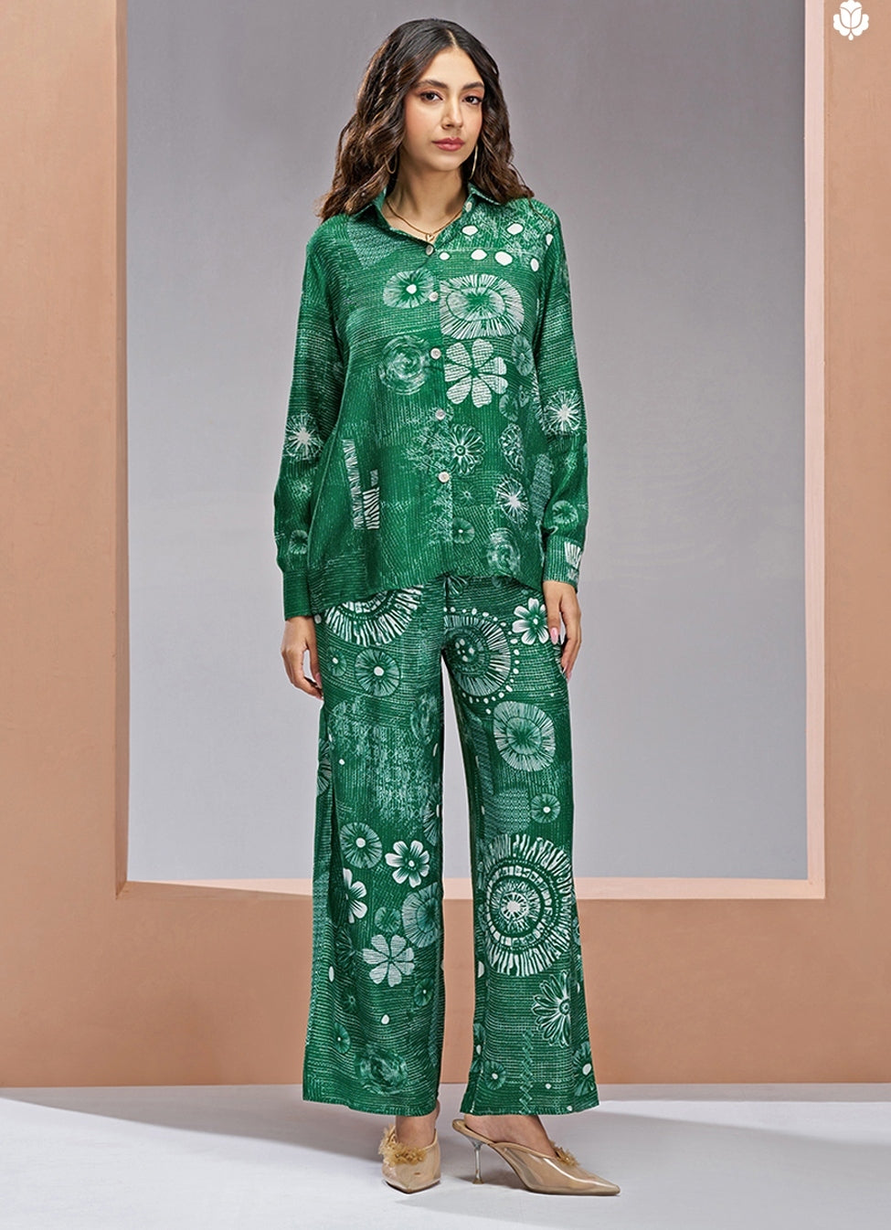 Green Printed Muslin Silk Co-Ord Set